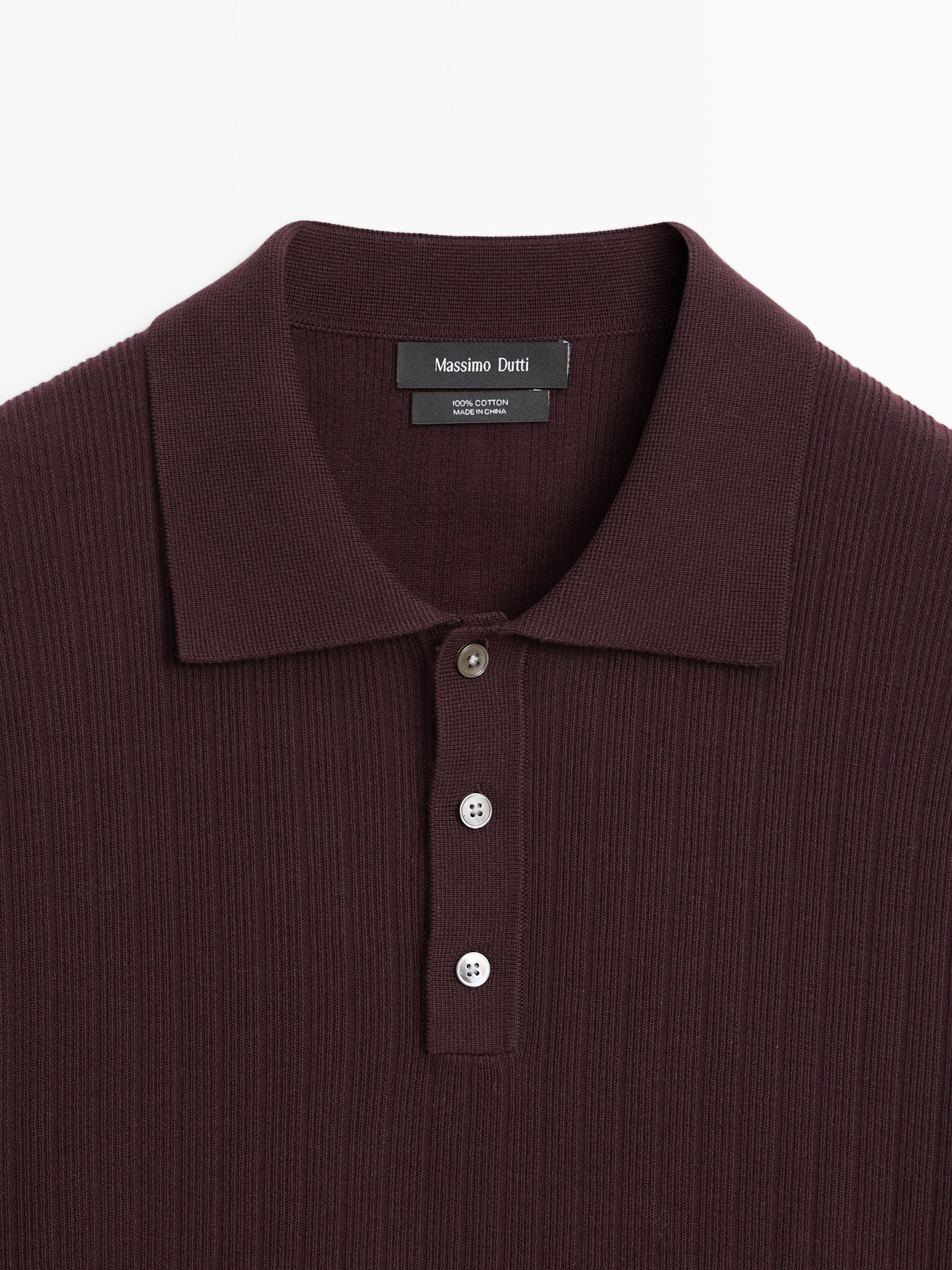 Ribbed knit cotton polo shirt — BURGUNDY
