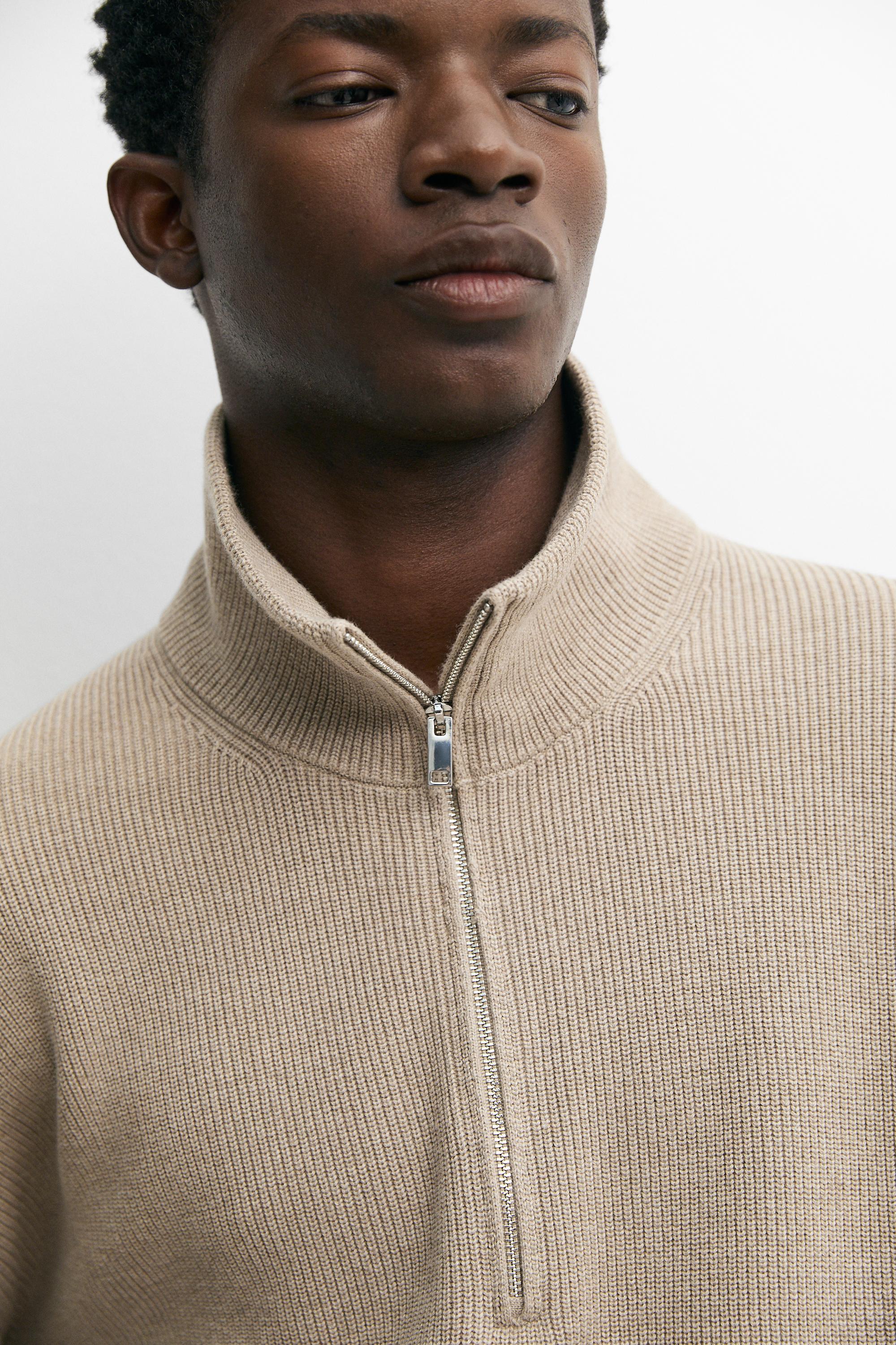 100% cotton mock neck knit sweater — BEIGE