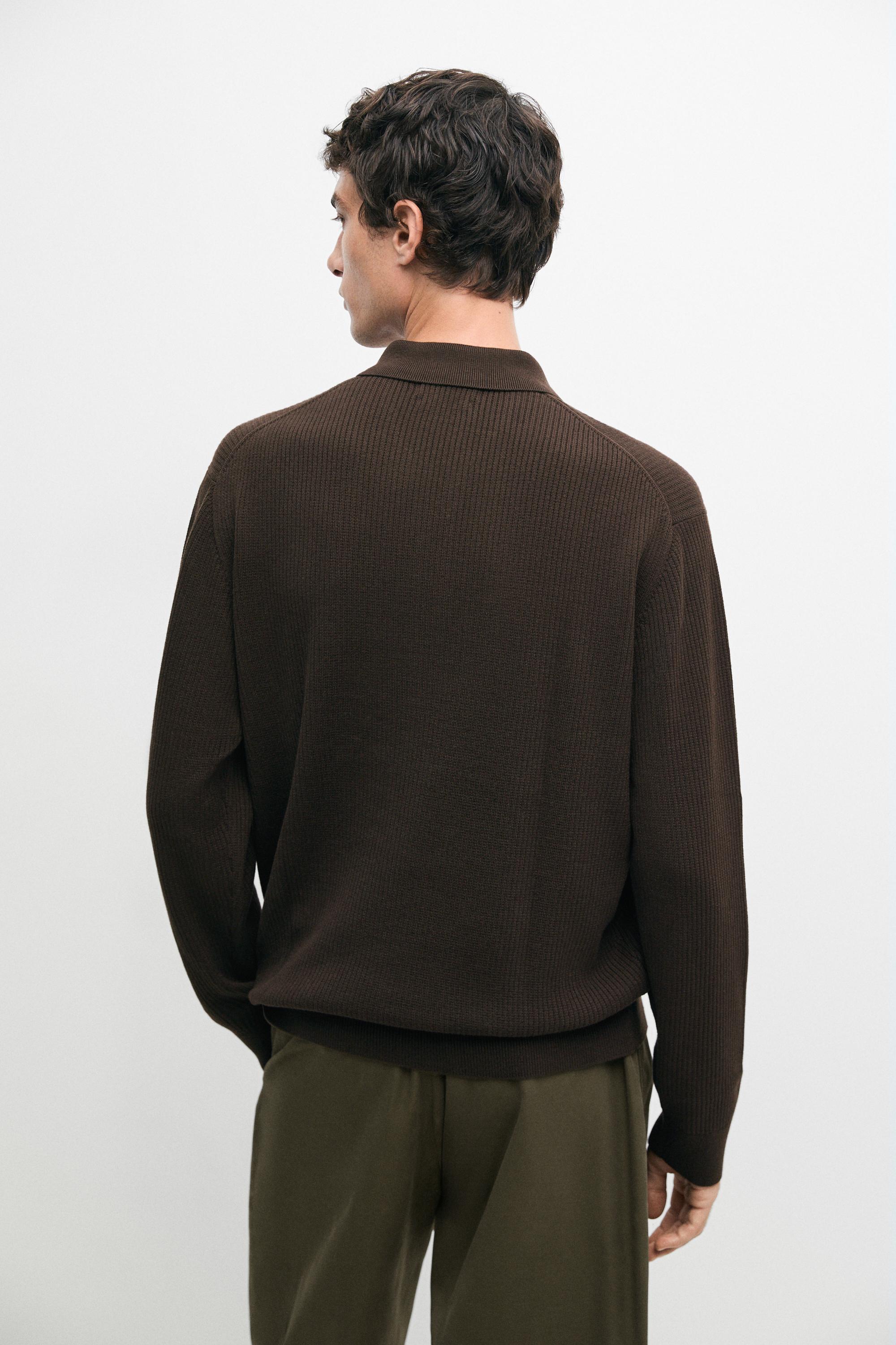 Button-detail polo knit sweater — BROWN MARL