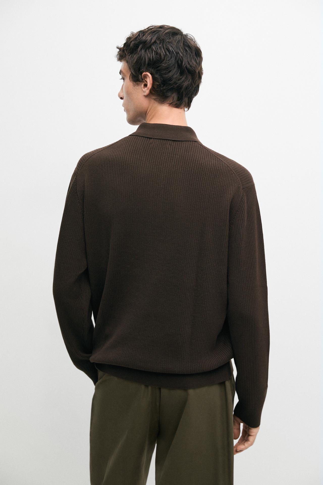 Button-detail polo knit sweater — BROWN MARL