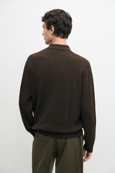 Button-detail polo knit sweater — BROWN MARL 5