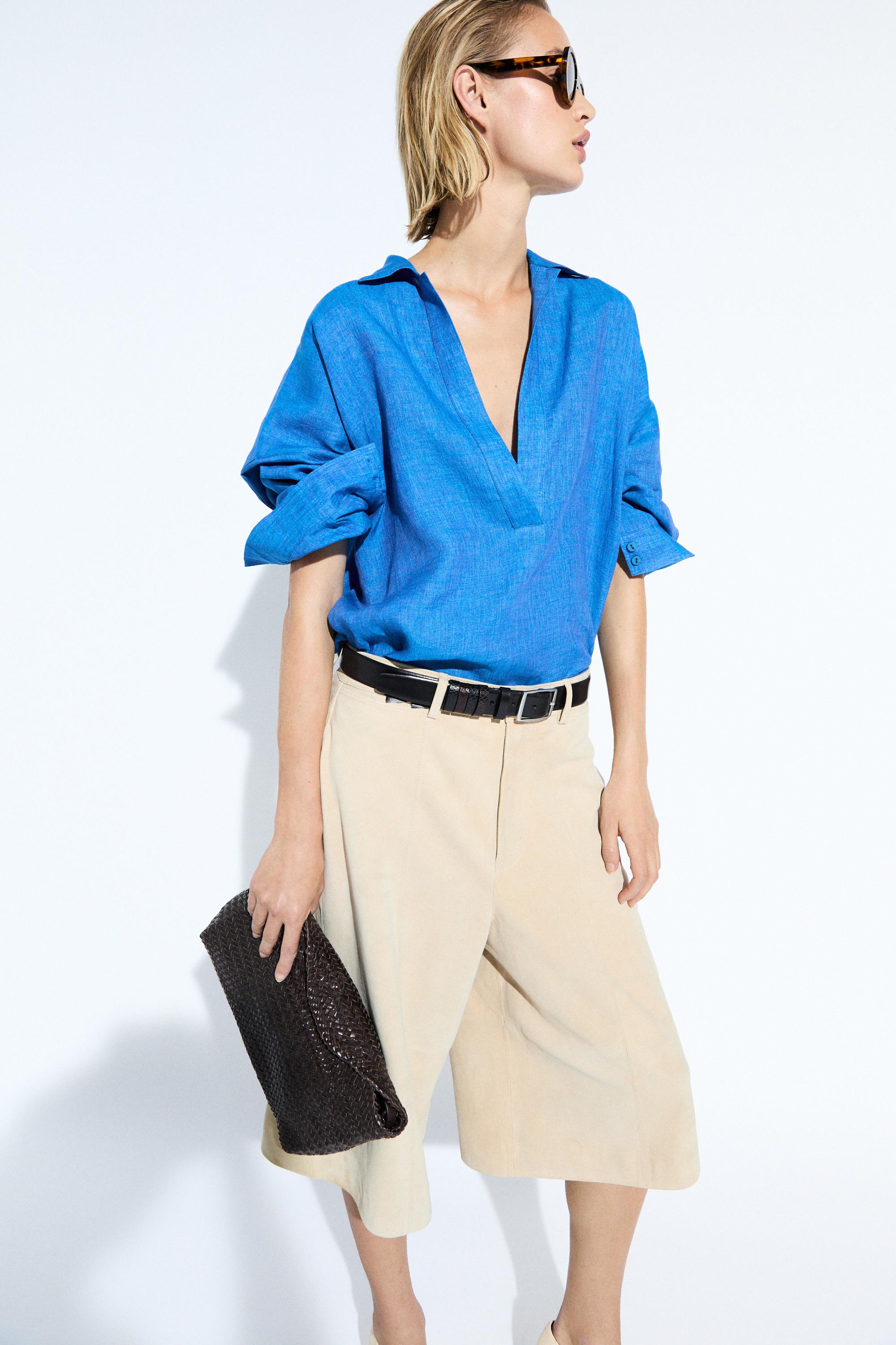 100% linen flowing blouse — BLUE
