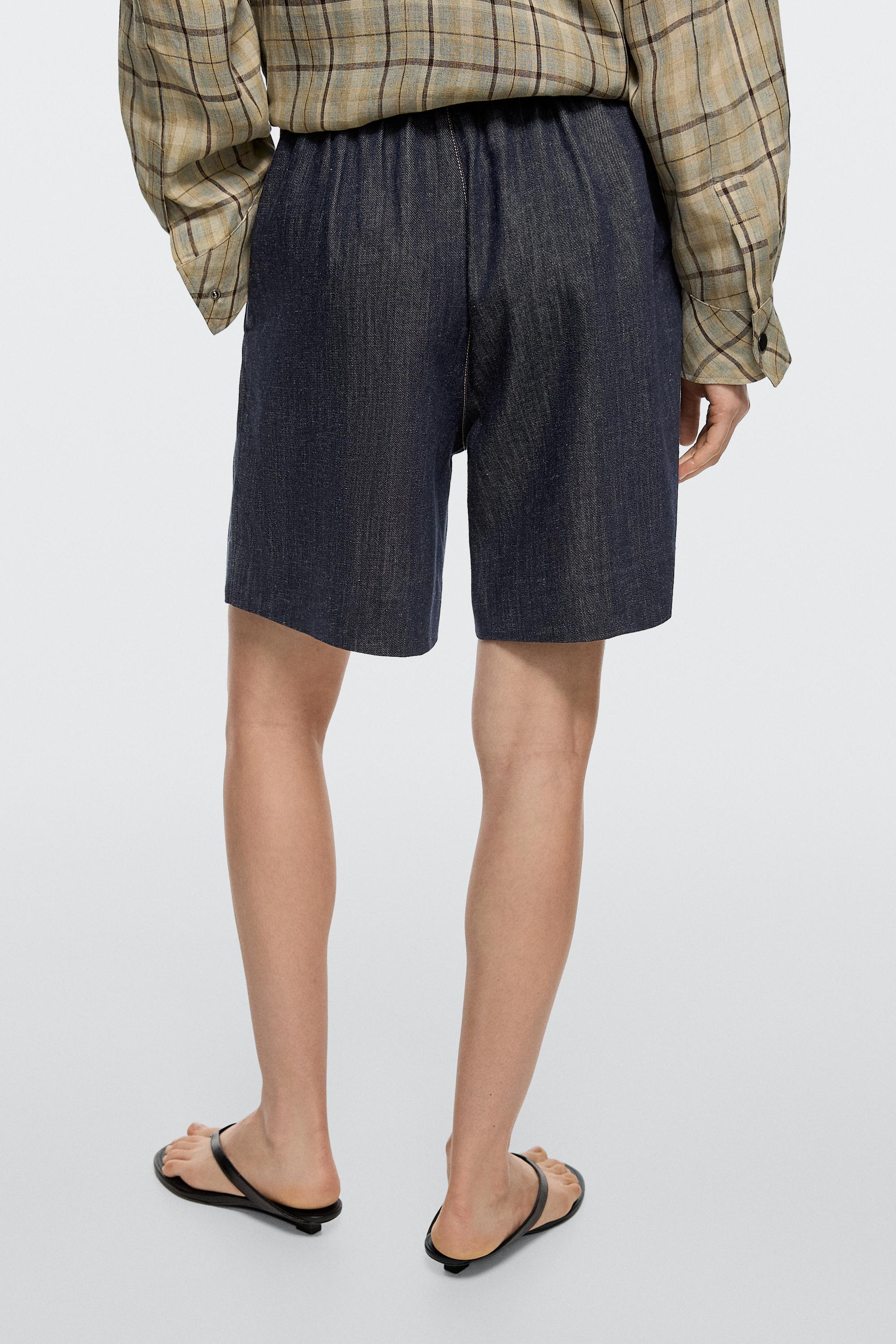 Cotton denim Bermuda shorts with topstitching — DARK BLUE