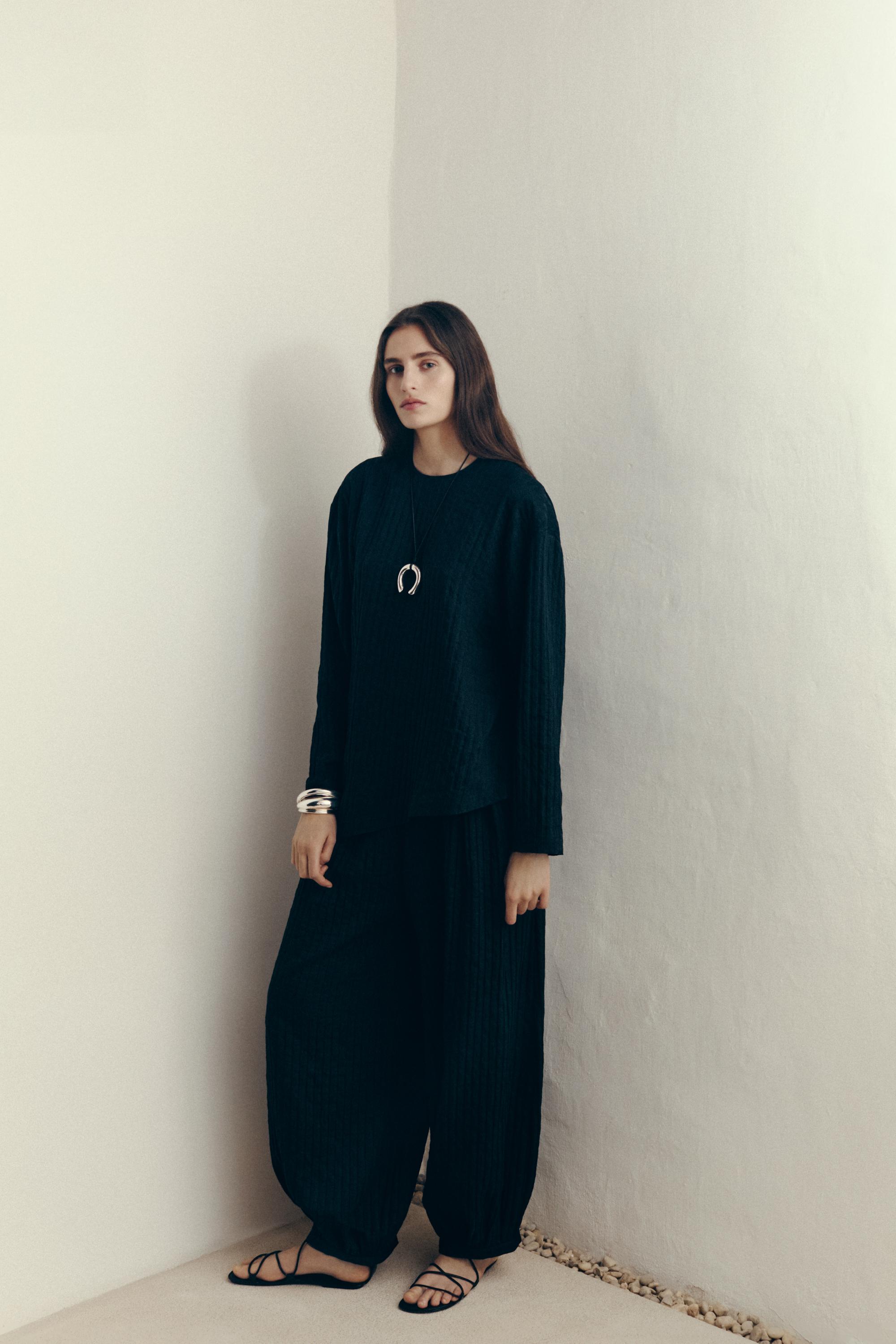 Striped flowing shirt with scarf detail — BLACK