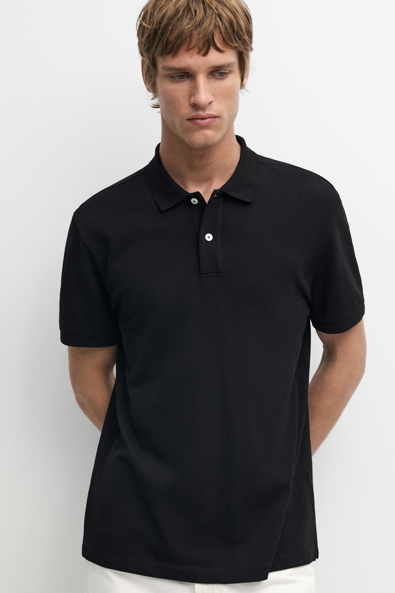 Micro-textured cotton piqué polo shirt — BLACK