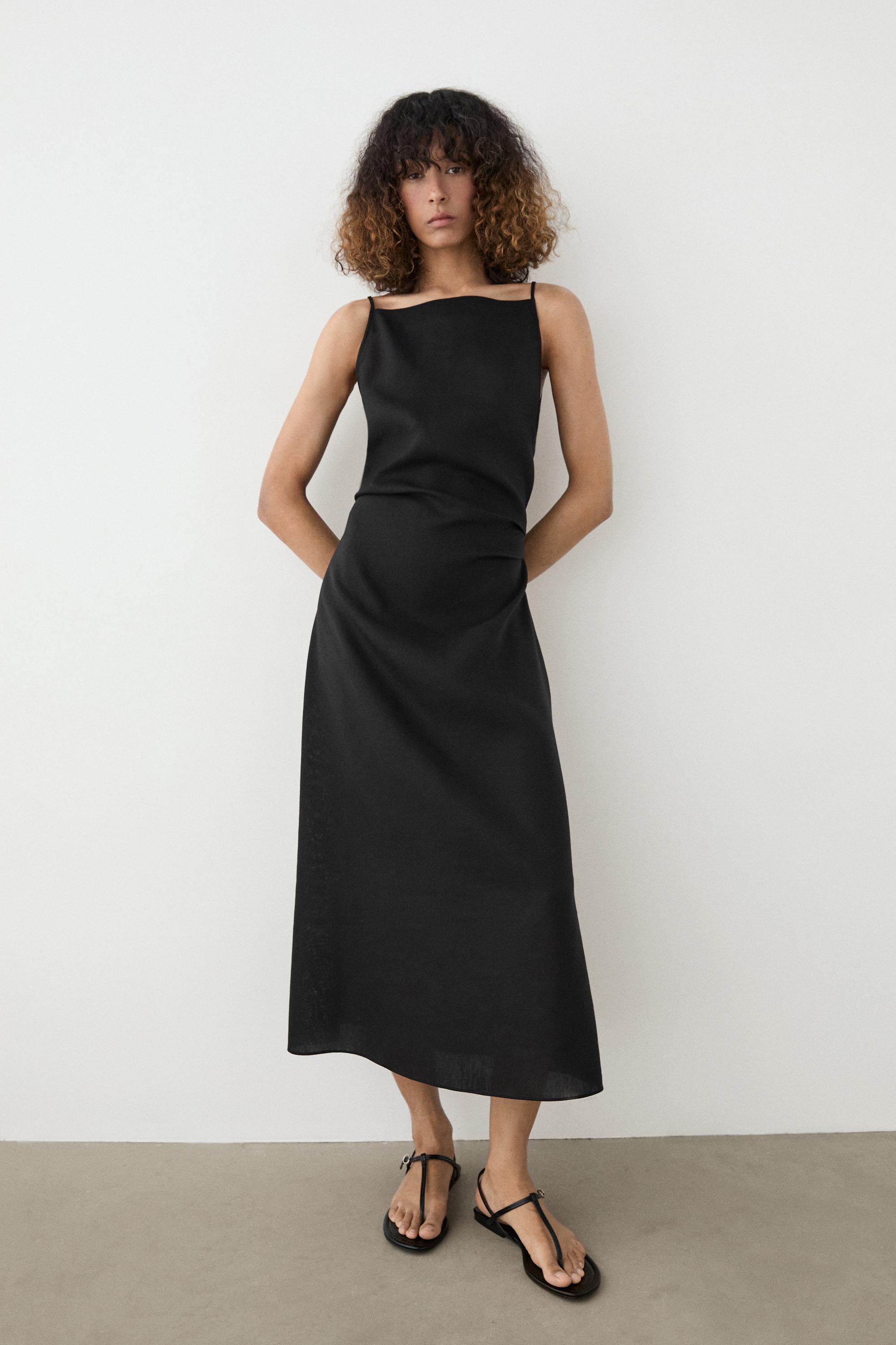 Linen blend spaghetti strap midi dress — BLACK
