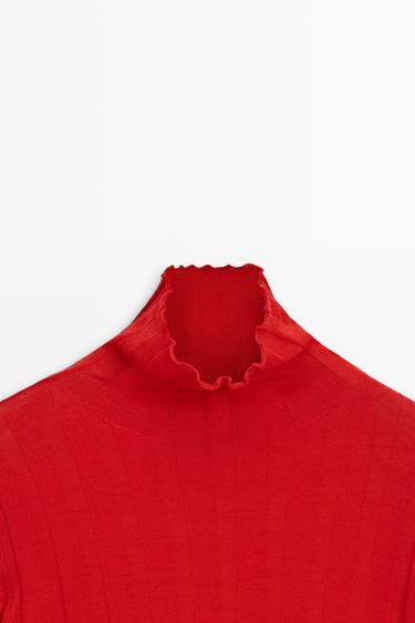 Ribbed high neck knit sweater — RED 9