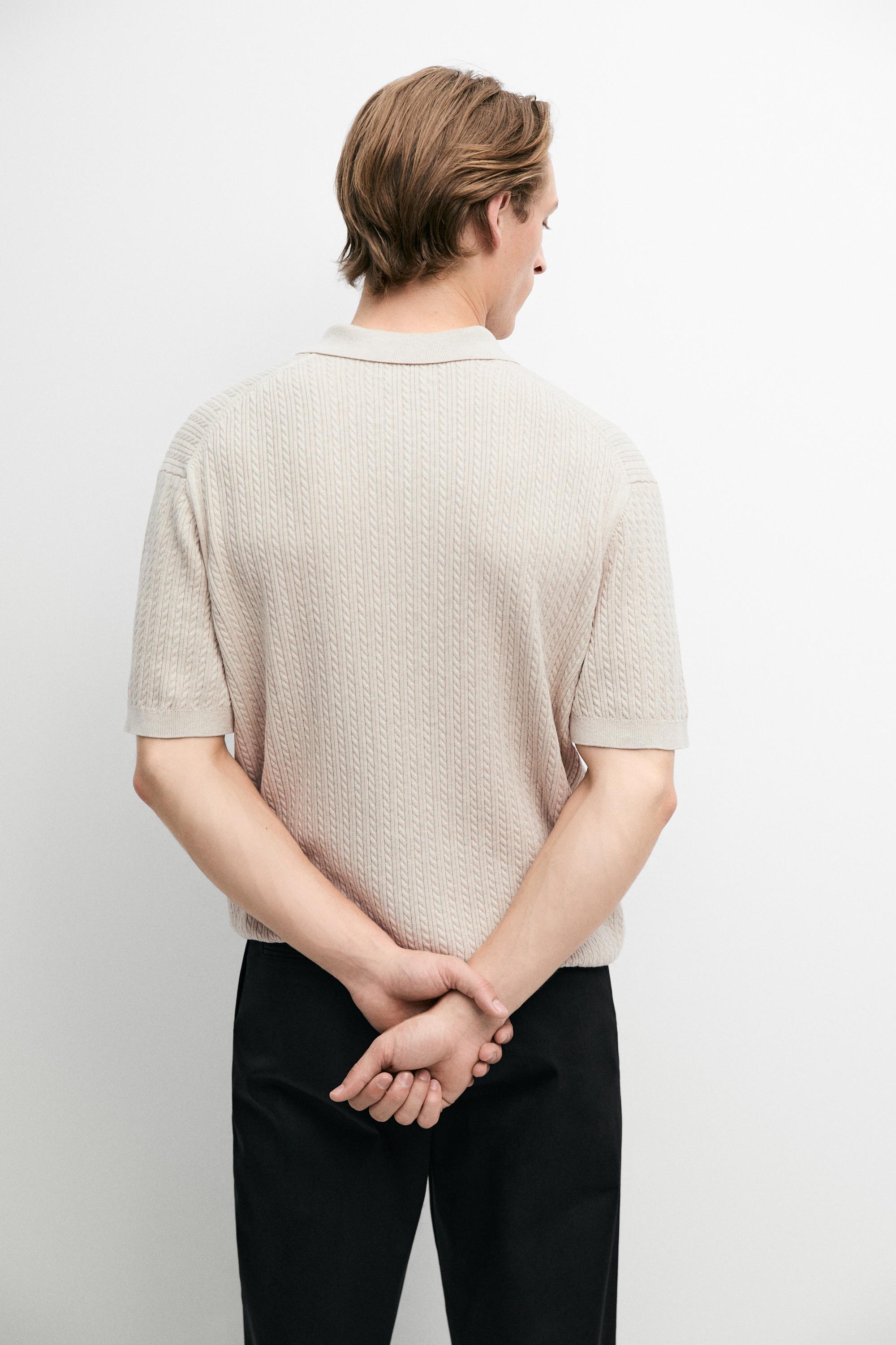 100% cotton cable-knit polo sweater — BEIGE