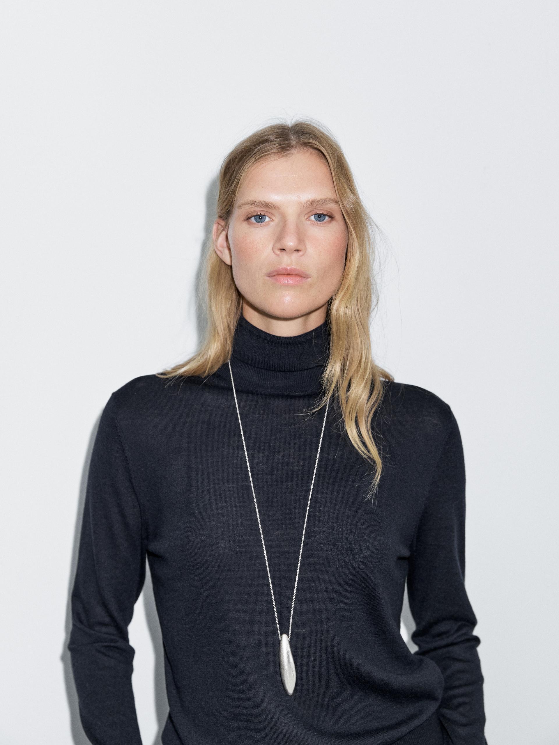 Jersey Cuello Alto Con Lana - Azul Marino - Xs - Massimo Dutti - Mujer
