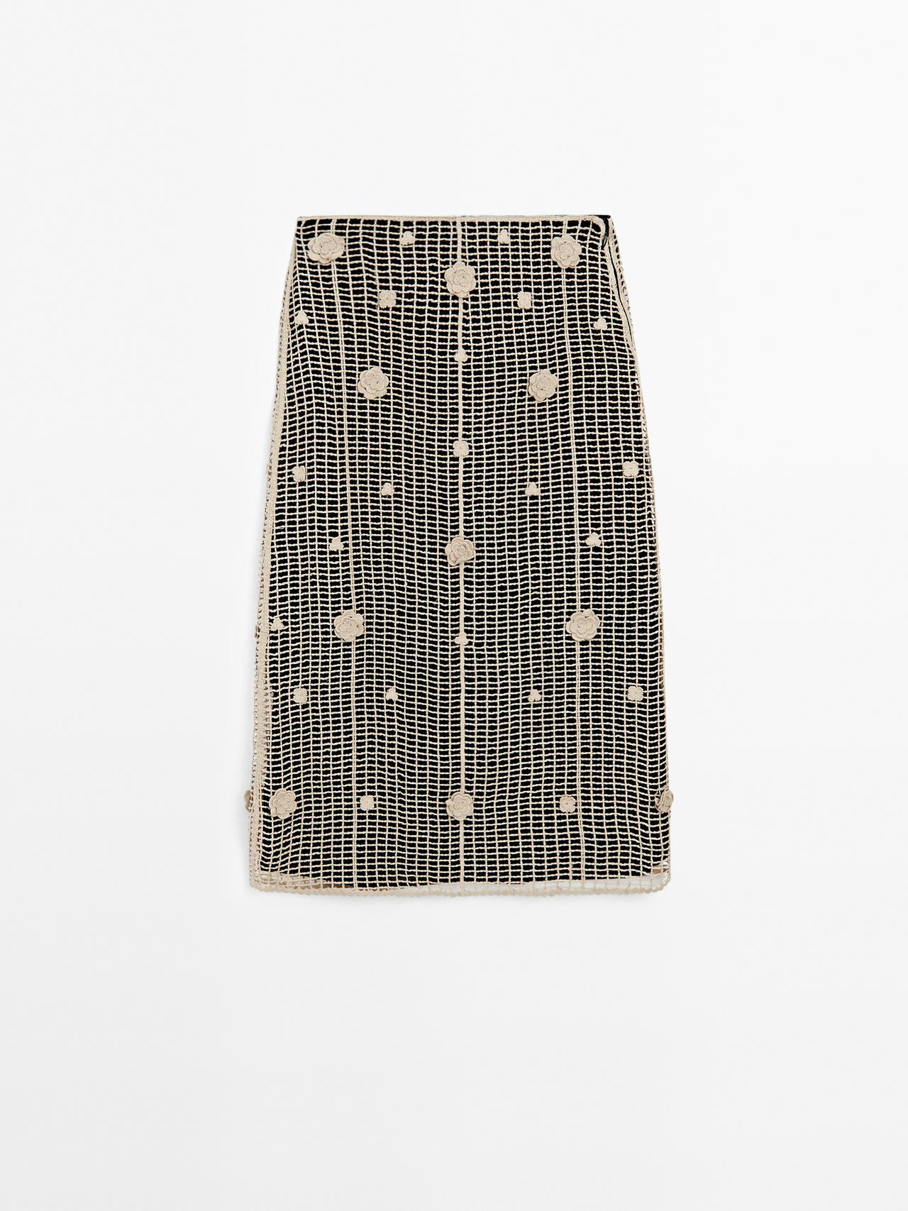 Massimo Dutti - Dame - Midinederdel Med Broderede Blomster - Råhvid - 36