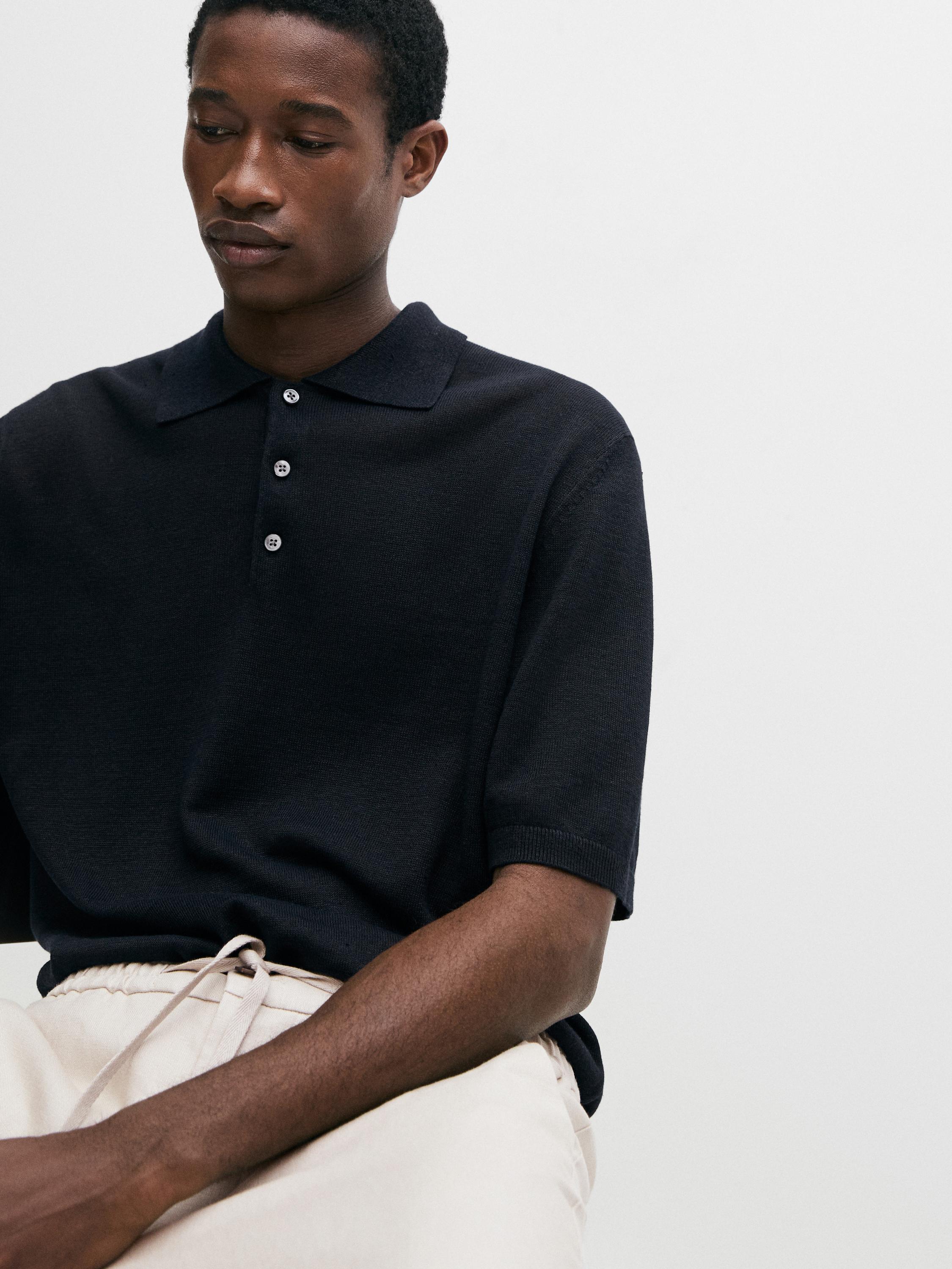 Linen knit polo sweater — NAVY BLUE