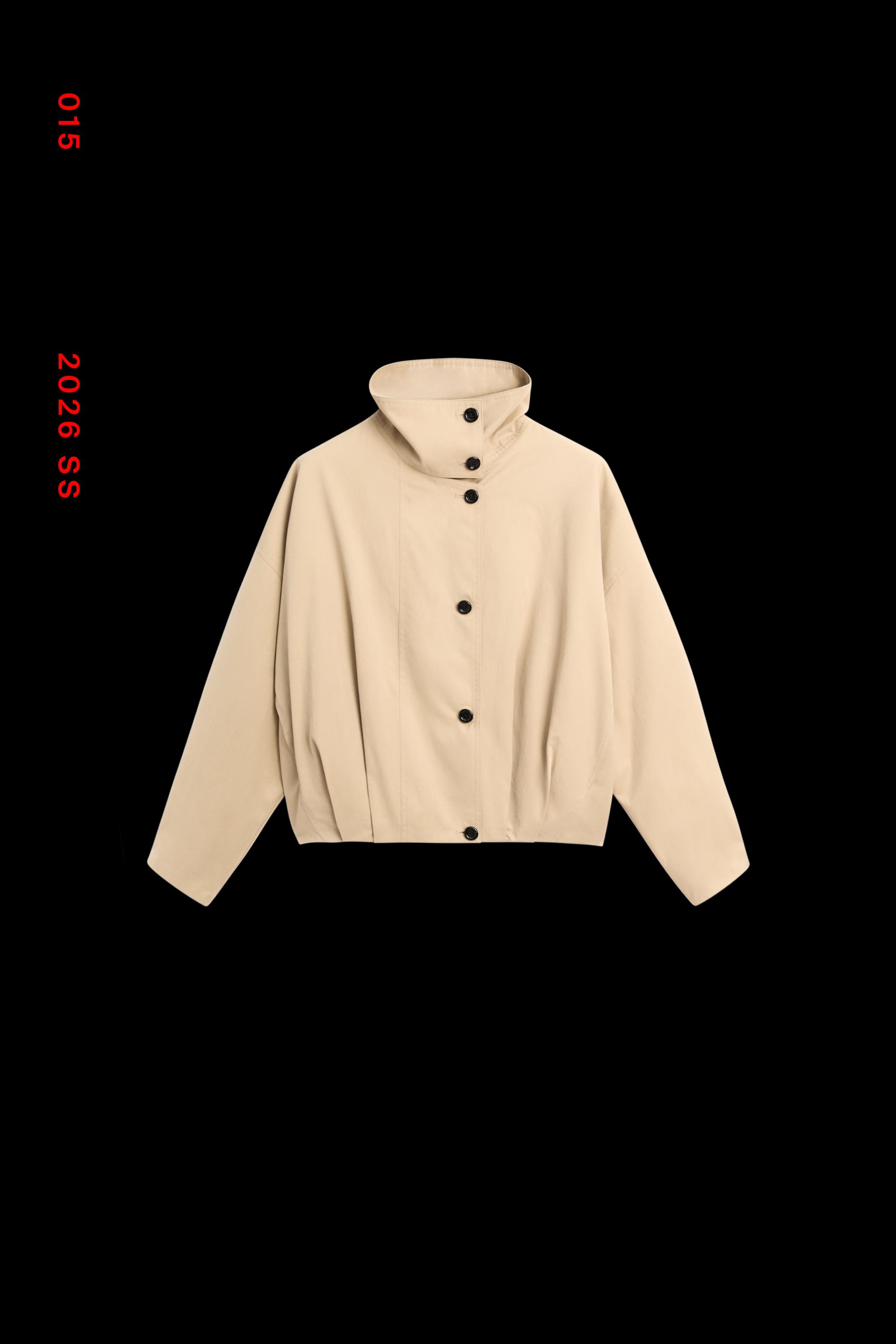 Pleated stand-collar bomber jacket — Beige