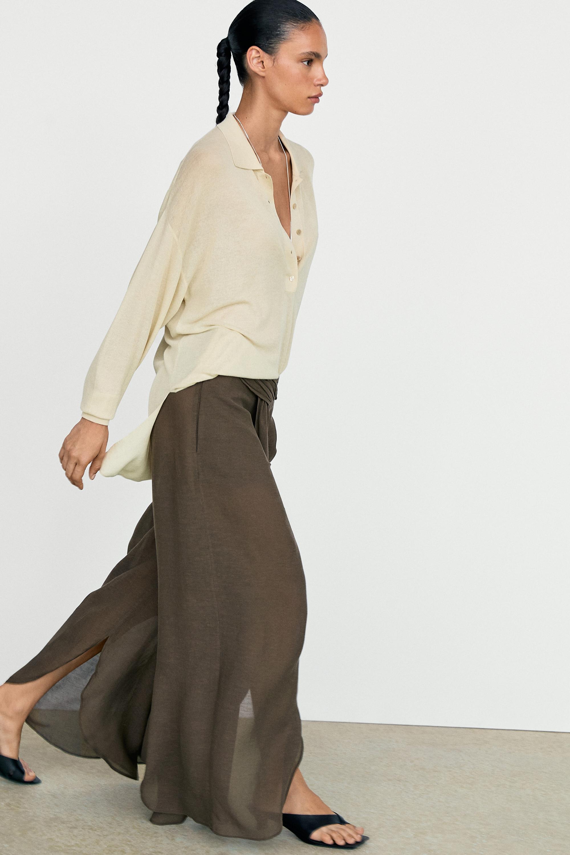 Semi-sheer linen blend skort — BROWN