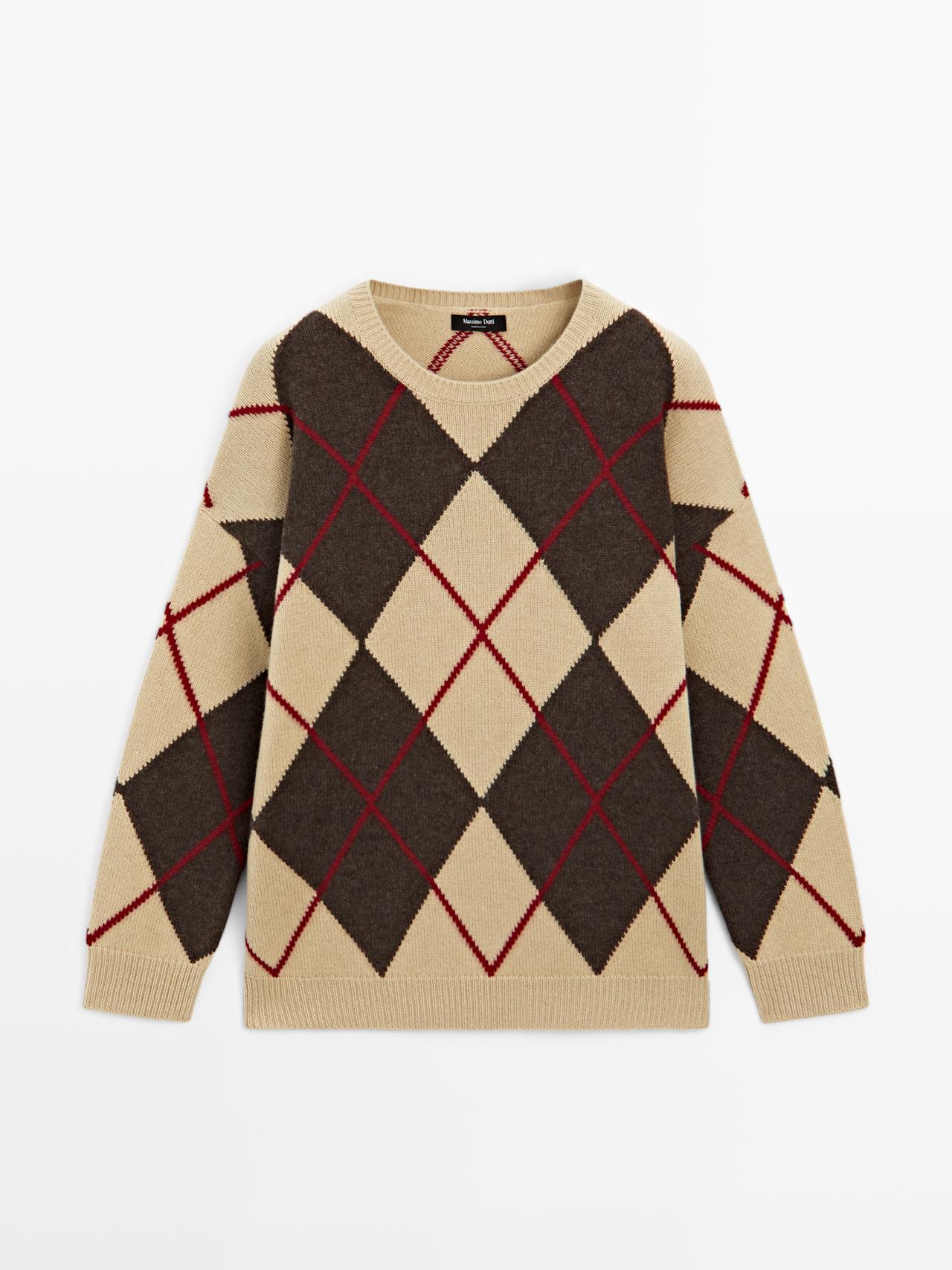 Massimo Dutti - Dame - Trøje I Uldblanding Med Rombedetaljer - Camel - M