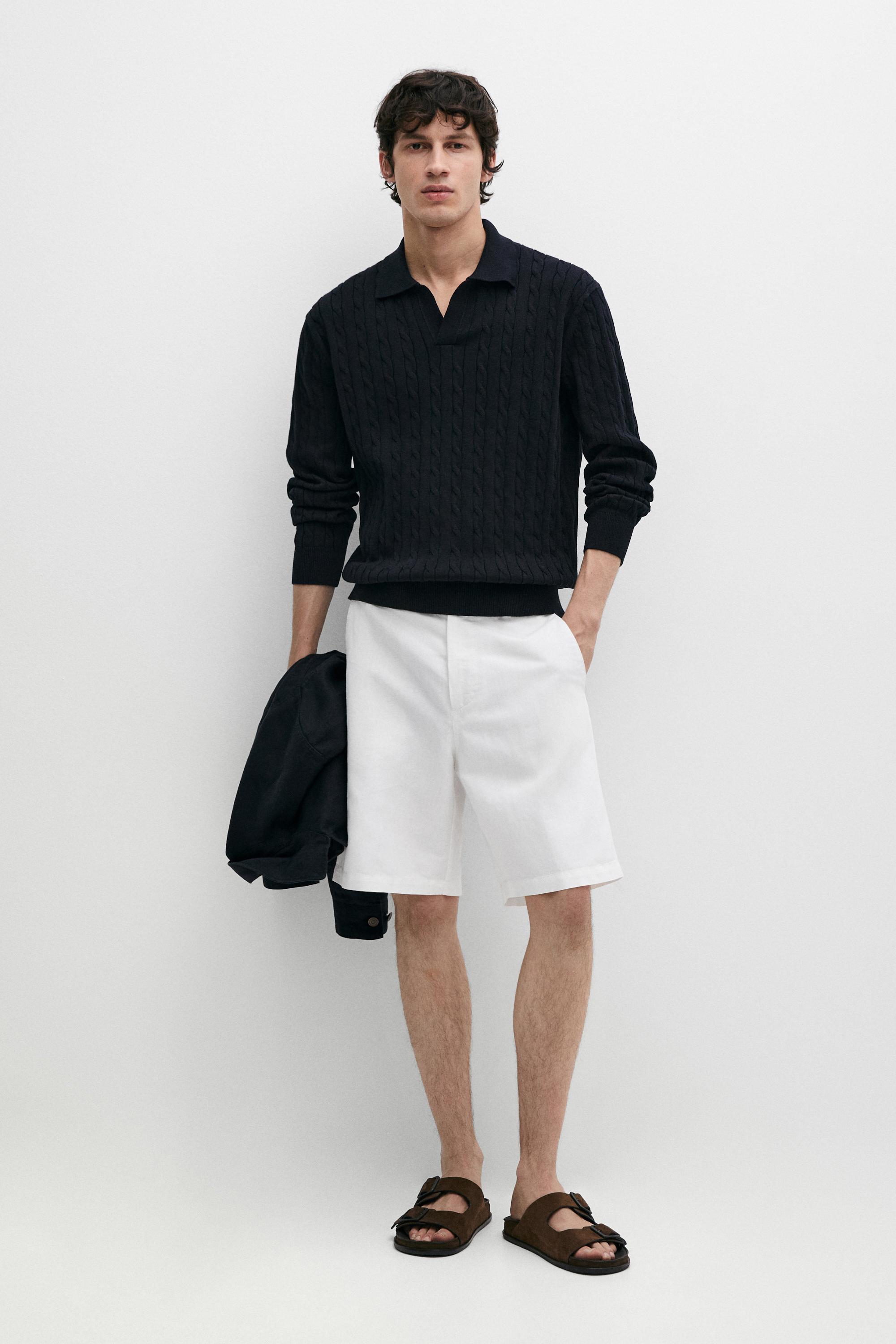 100% Cotton Cable-Knit Polo Sweater — NAVY BLUE
