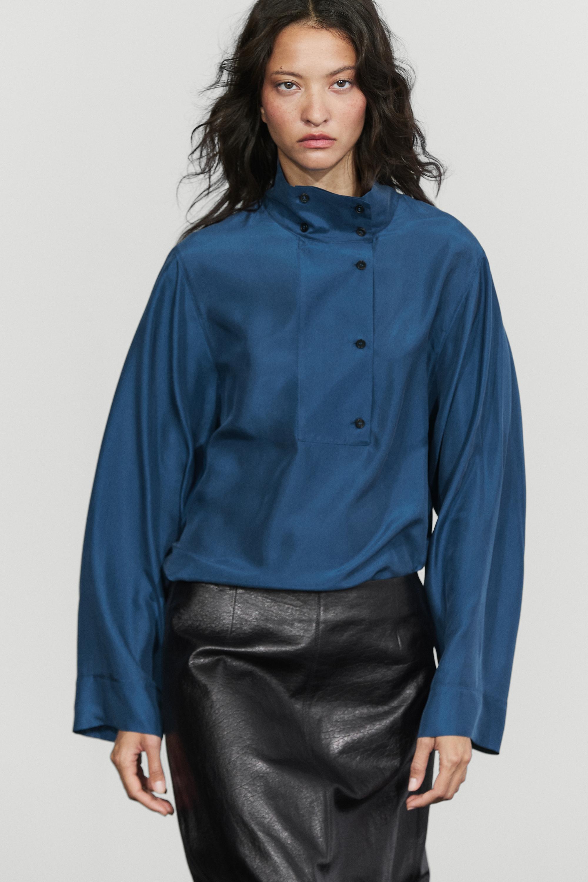 100% mulberry silk high-collar shirt