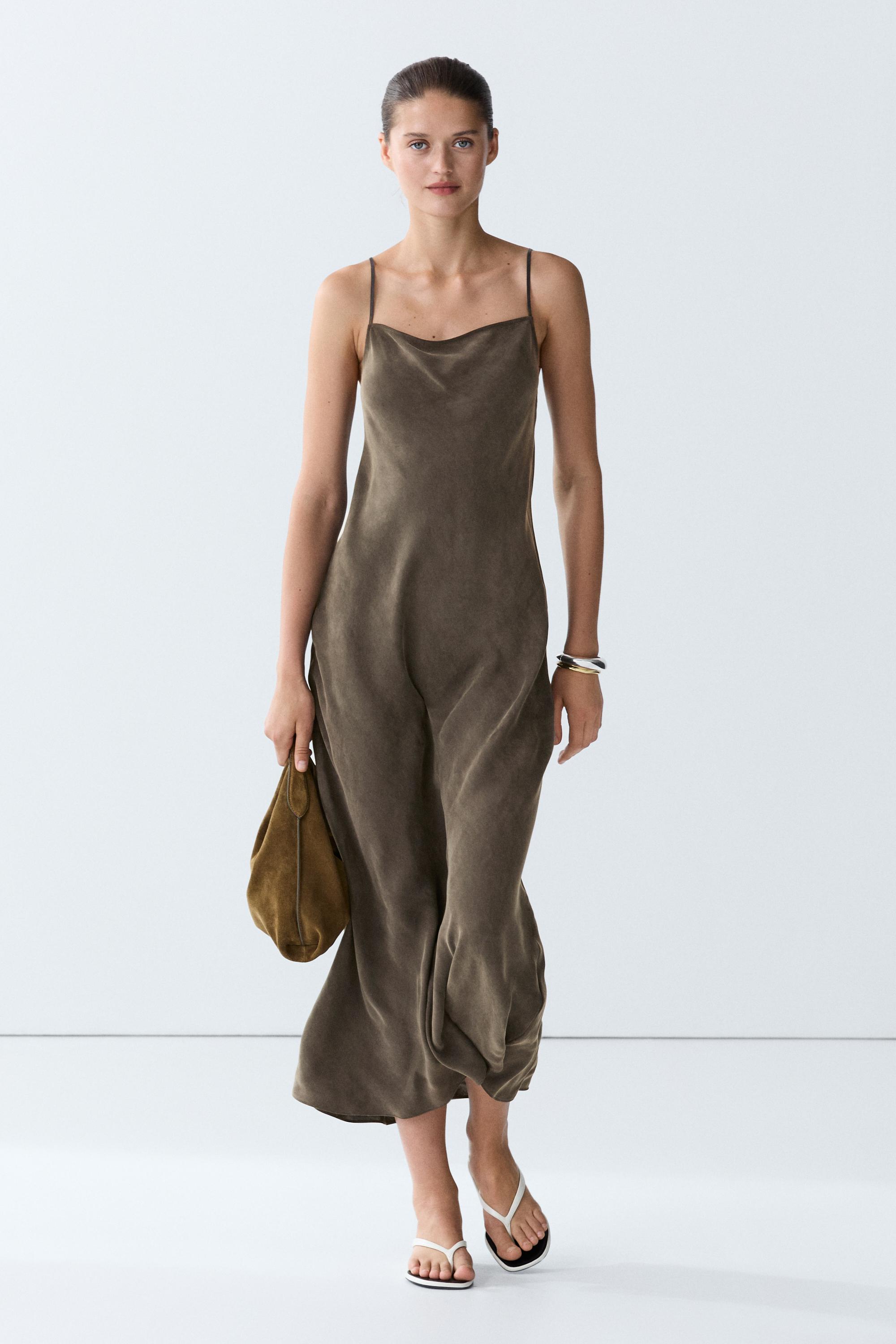 Flowing lingerie midi dress with thin straps — GREY