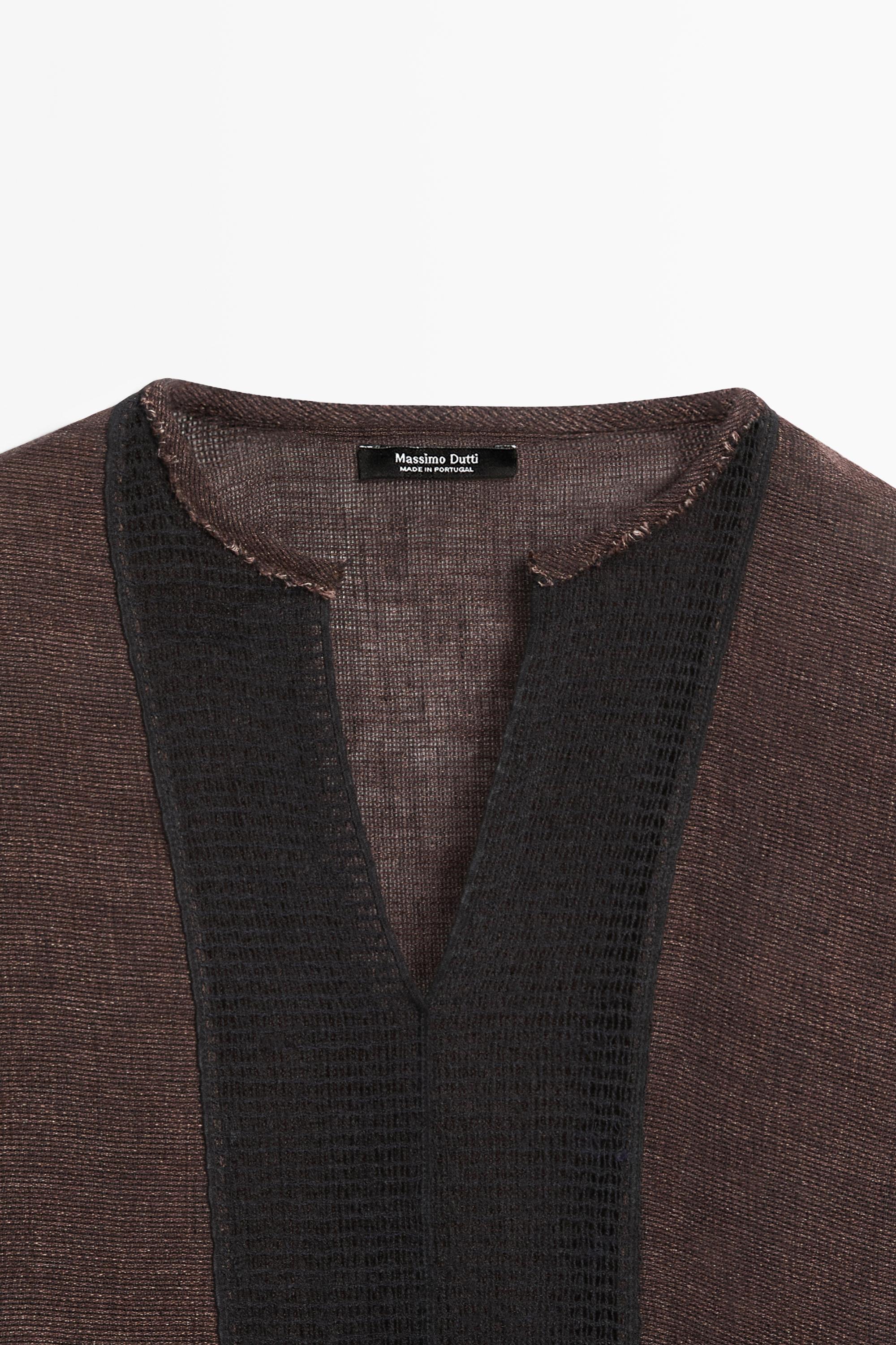 Flowing oversize linen blend blouse with lace trim — BROWN MARL