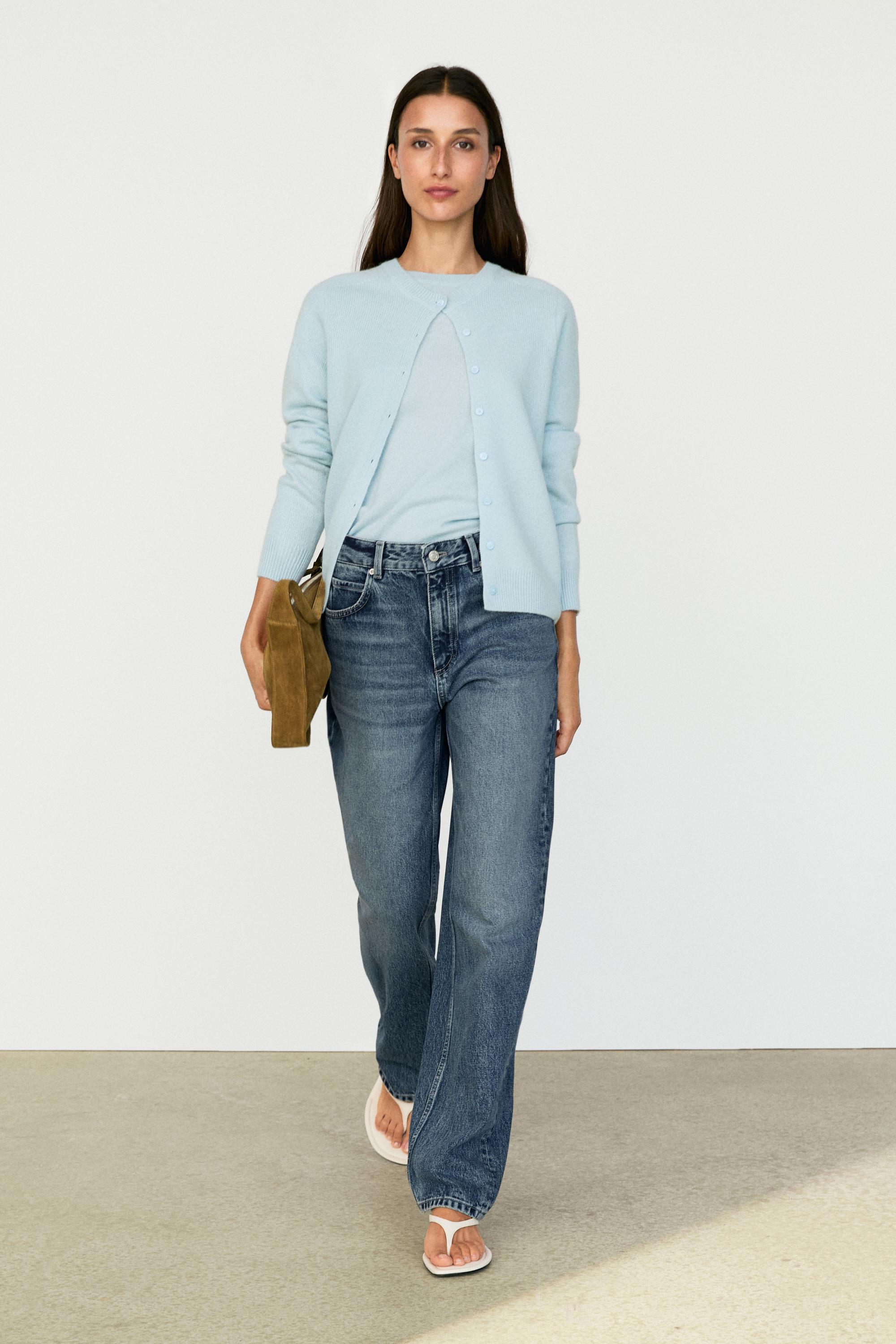 100% cashmere cropped knit cardigan — SKY BLUE