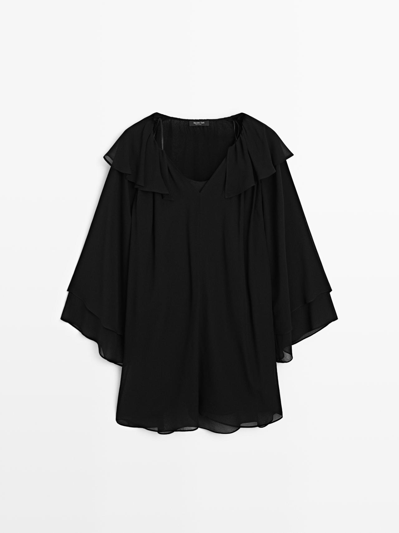 Massimo Dutti - Dame - Kort Kjole Med Flæser - Sort - M