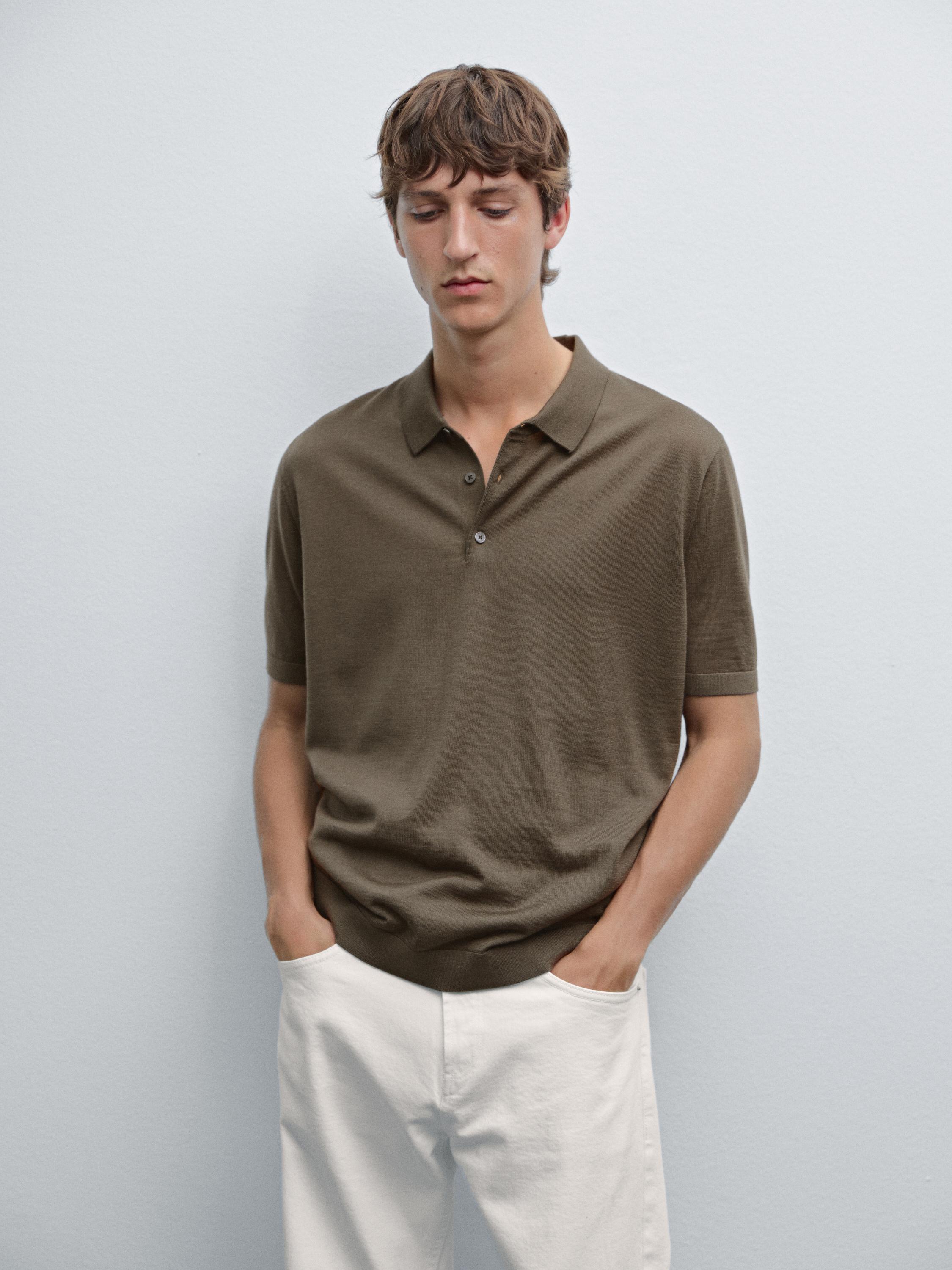 Short-sleeved wool-blend knit polo shirt