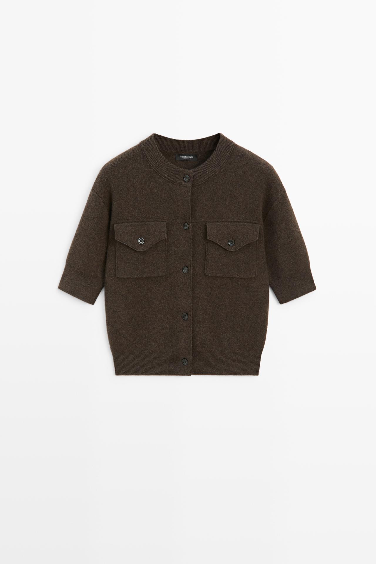 Short sleeve knit cardigan with pockets — BROWN