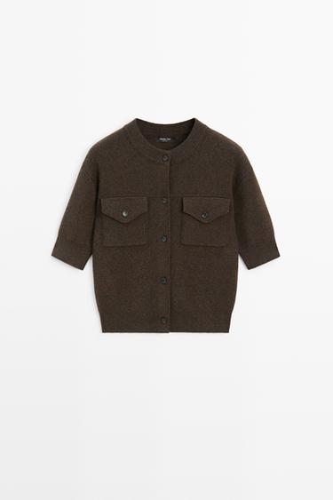 Short sleeve knit cardigan with pockets — BROWN 2