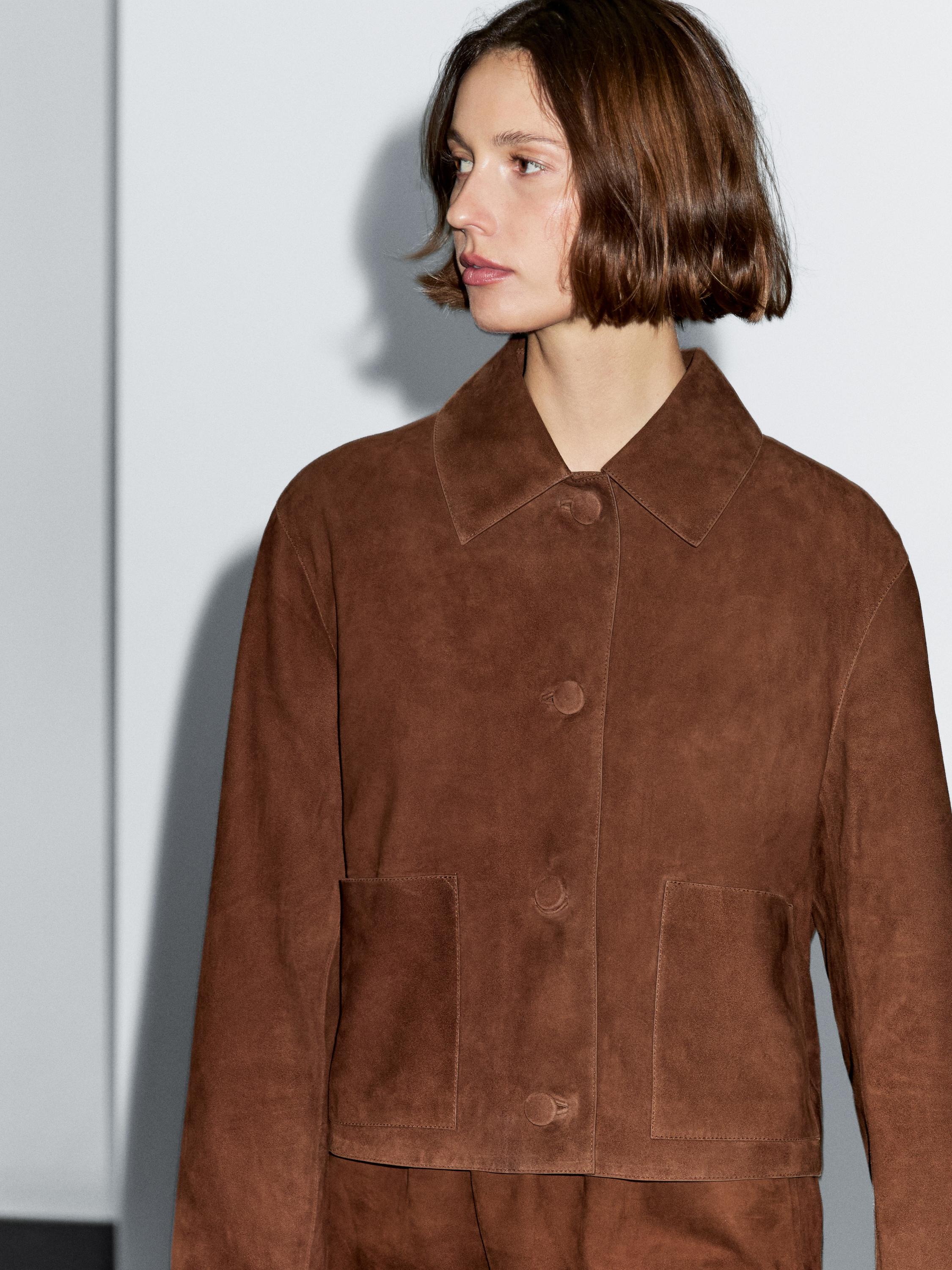 Cropped suede leather-lined jacket with buttons