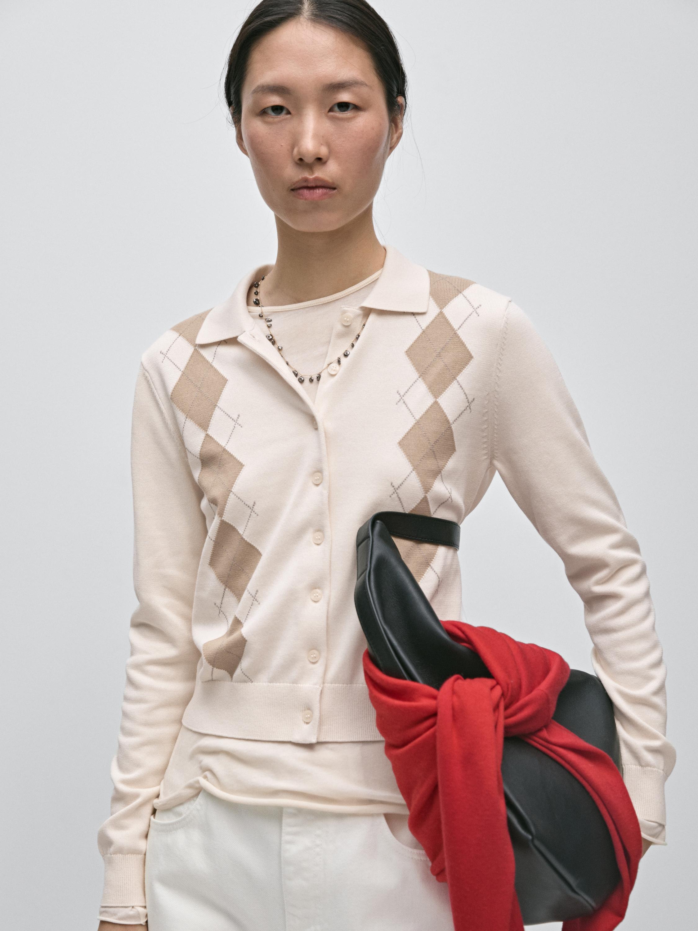 Argyle knit cardigan with polo collar