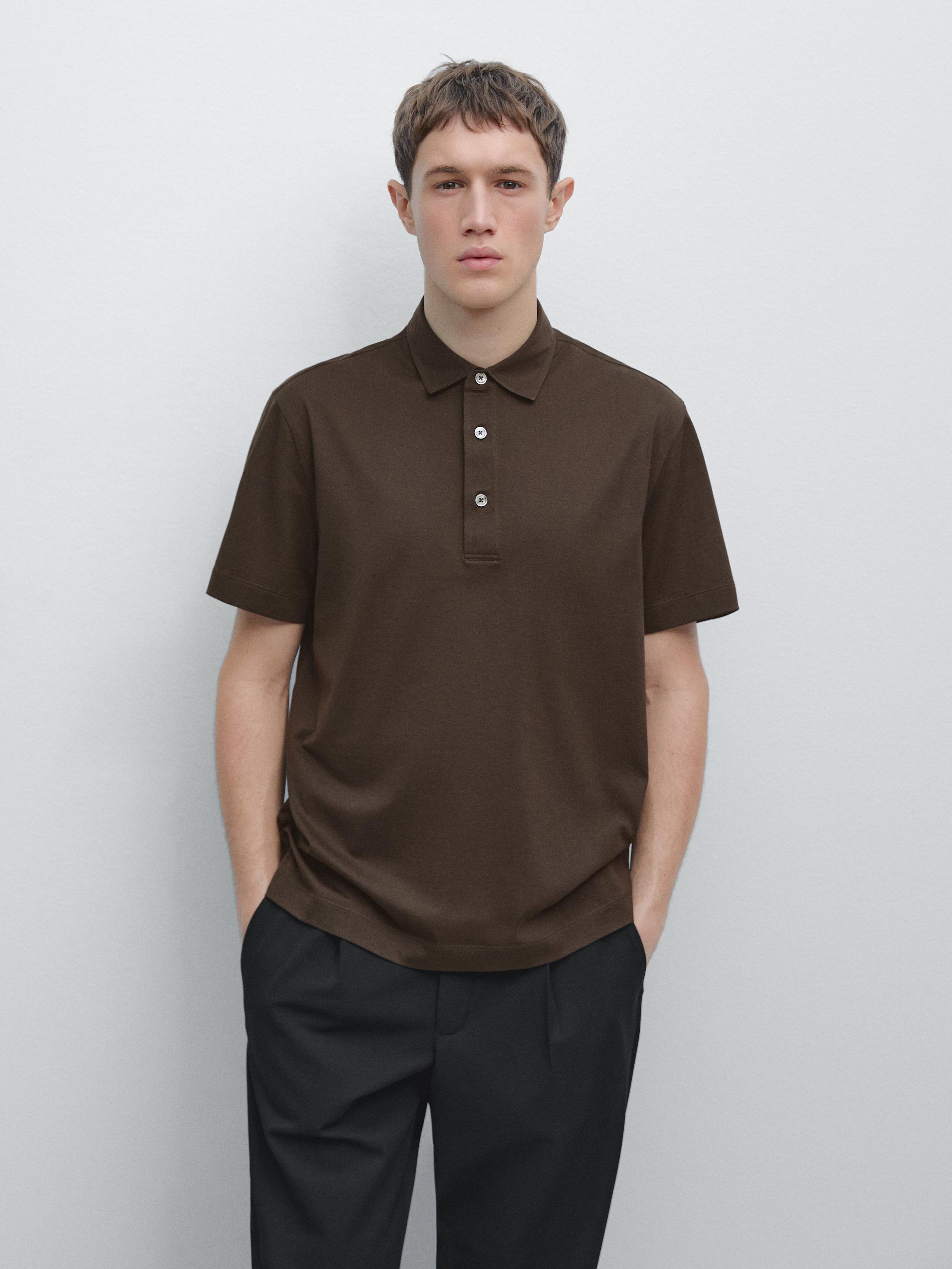 Cotton blend short sleeve polo shirt — Chocolate