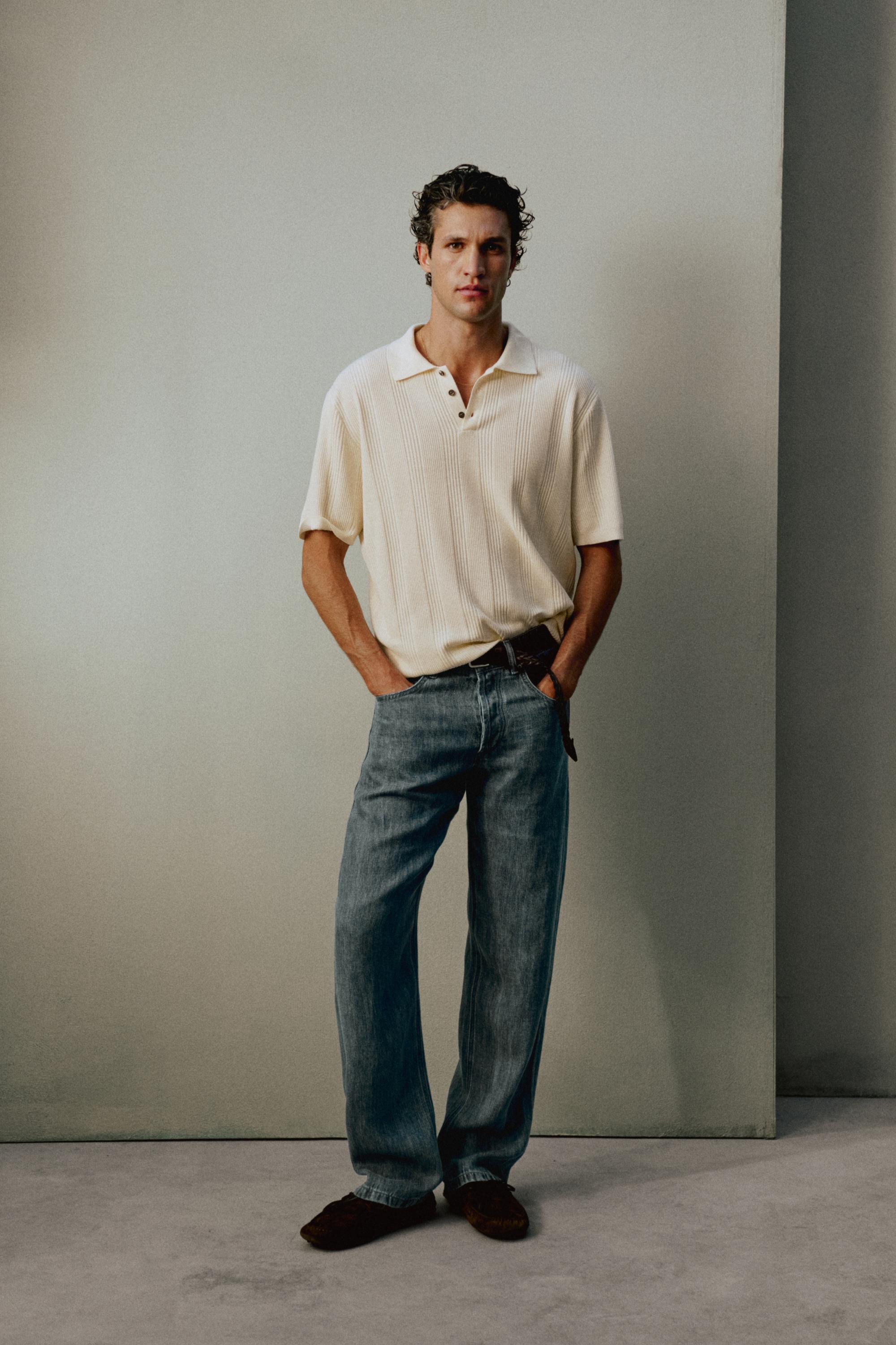 100% cotton textured striped knit polo shirt — CREAM