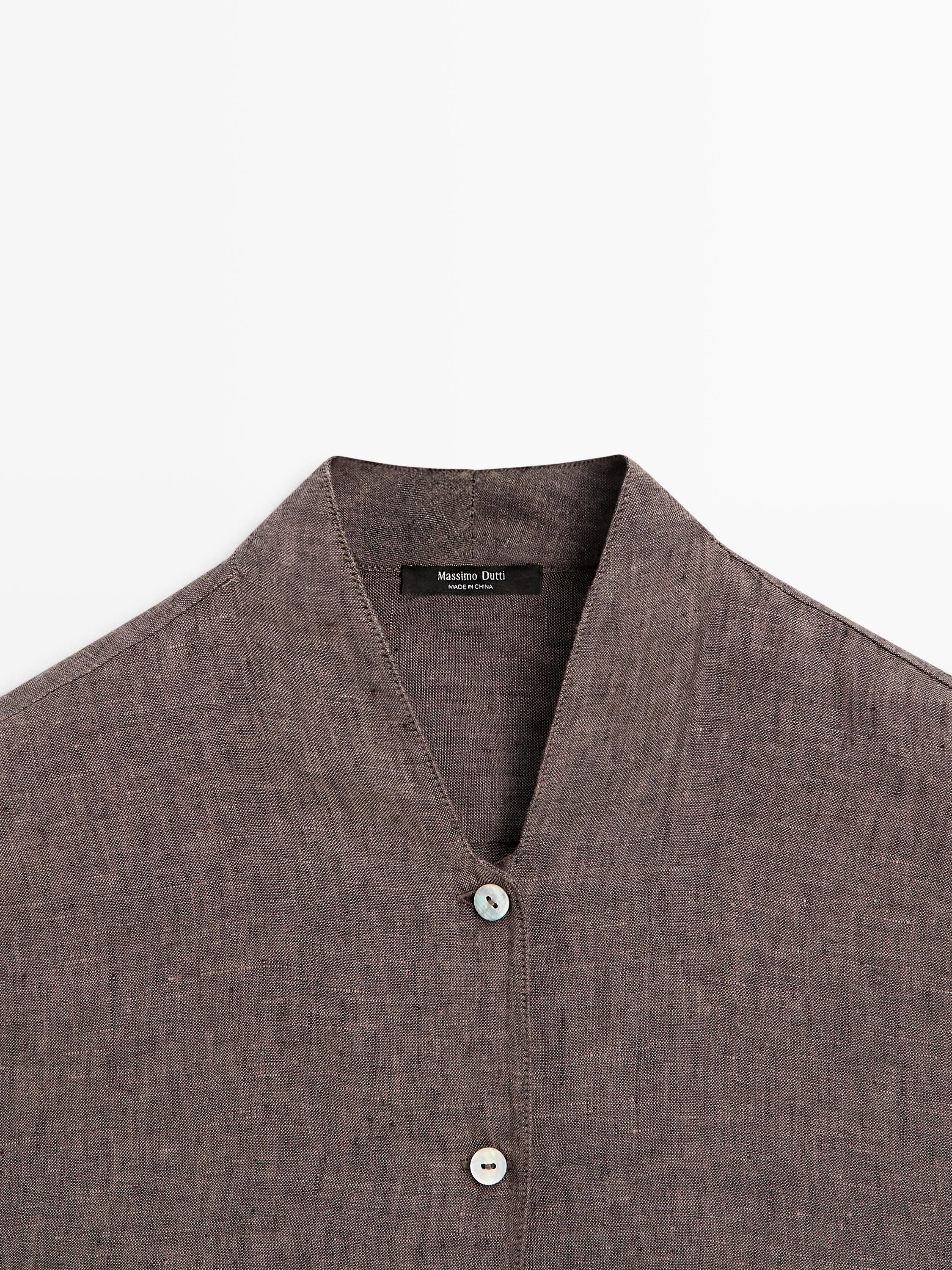 100% linen V-neck shirt — BROWN