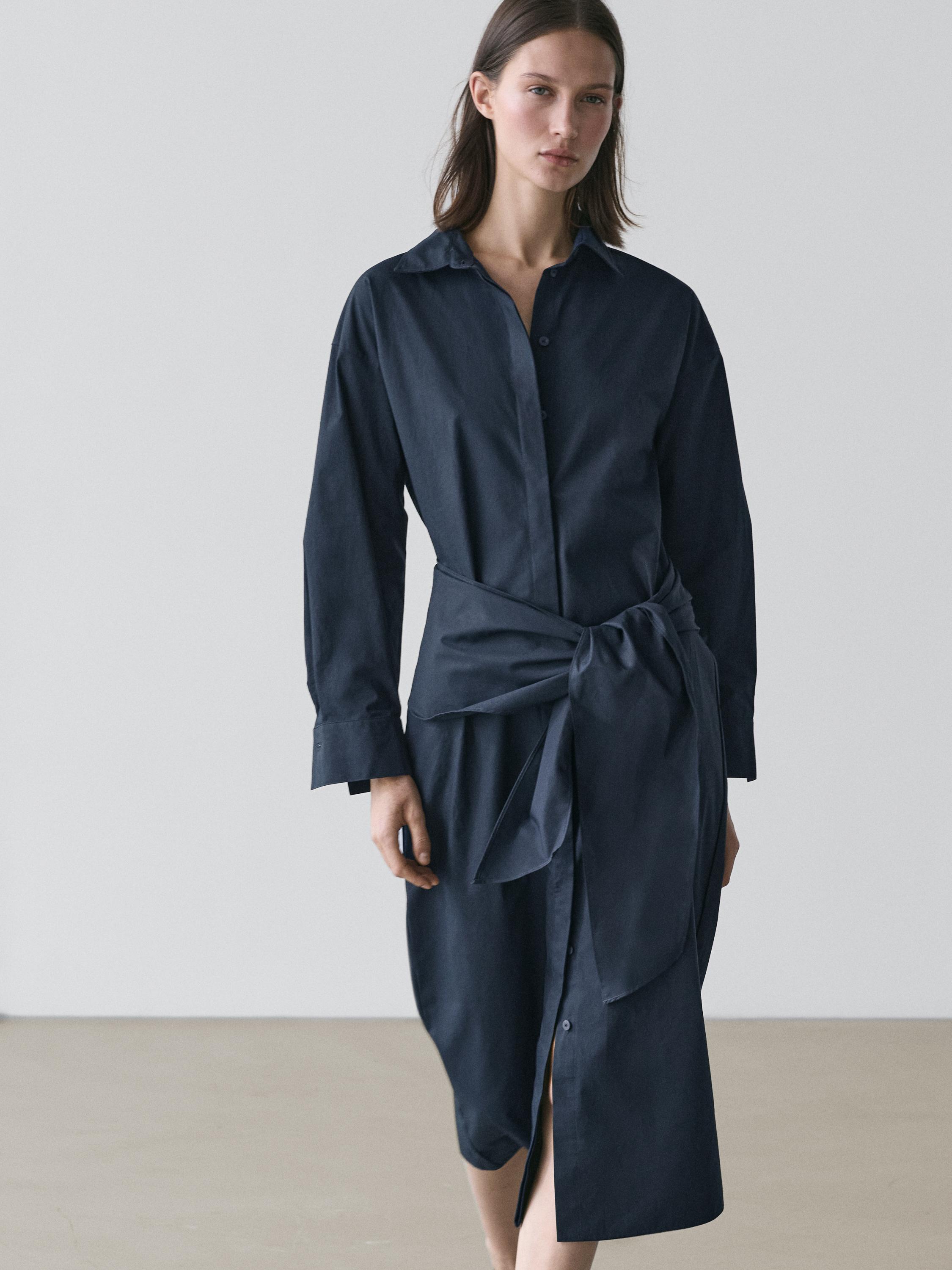 Midi shirt dress with scarf detail — BLUE