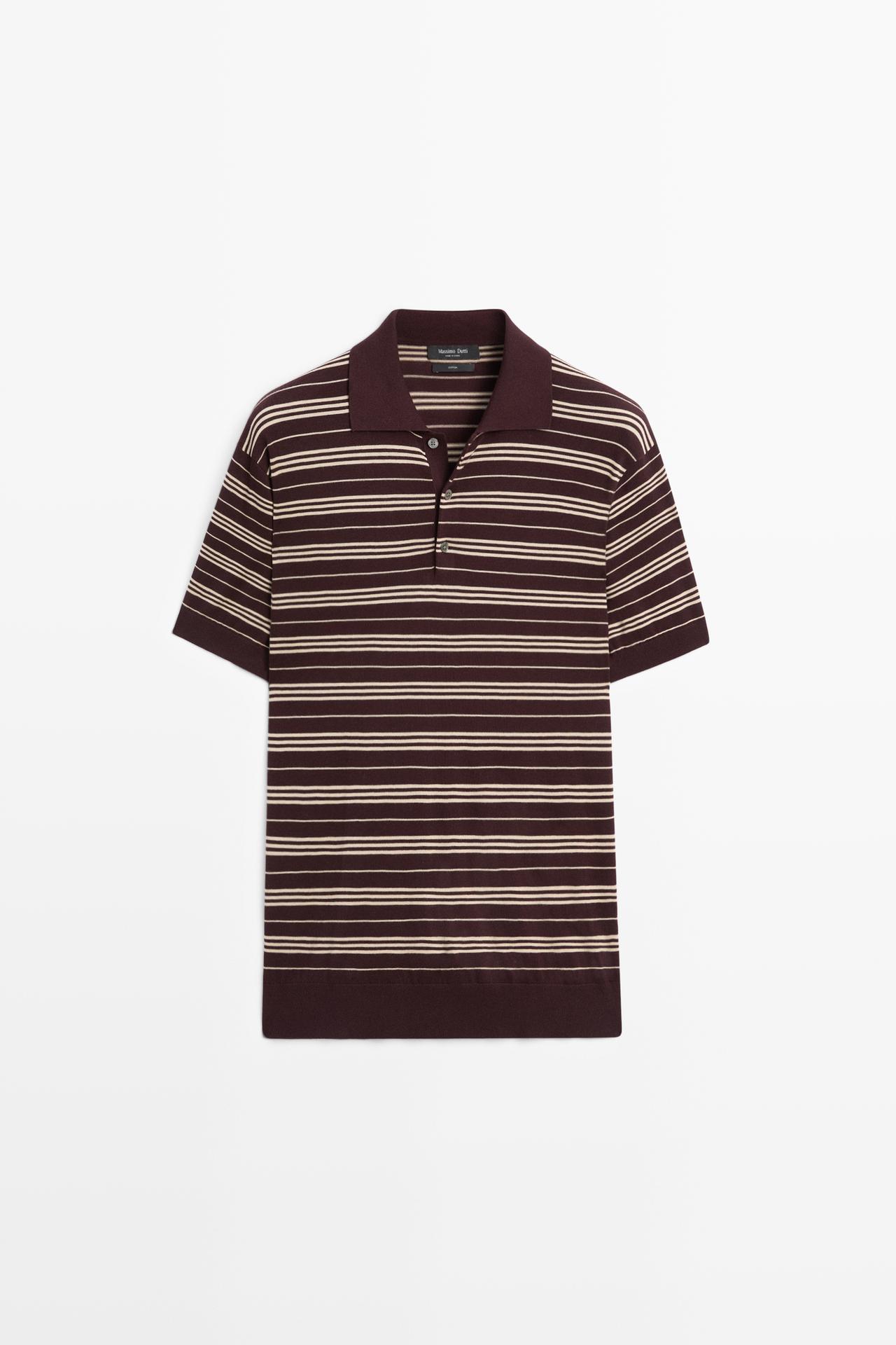 100% Cotton Striped Knit Polo Sweater — BURGUNDY