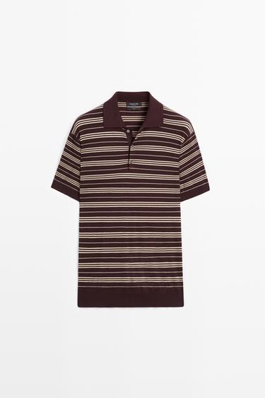 100% Cotton Striped Knit Polo Sweater — BURGUNDY 2