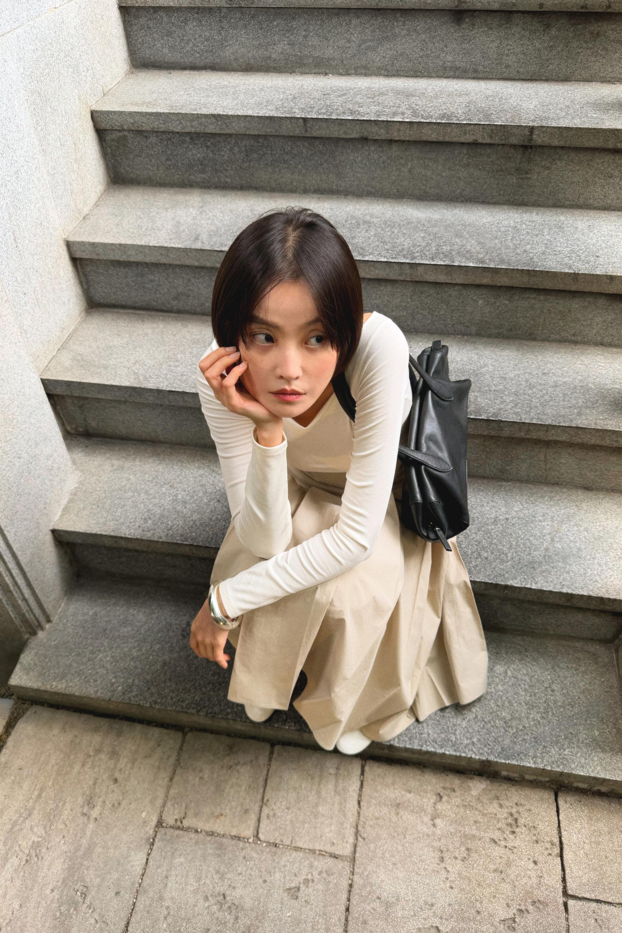 Pleated midi skirt with contrasting sash — SAND
