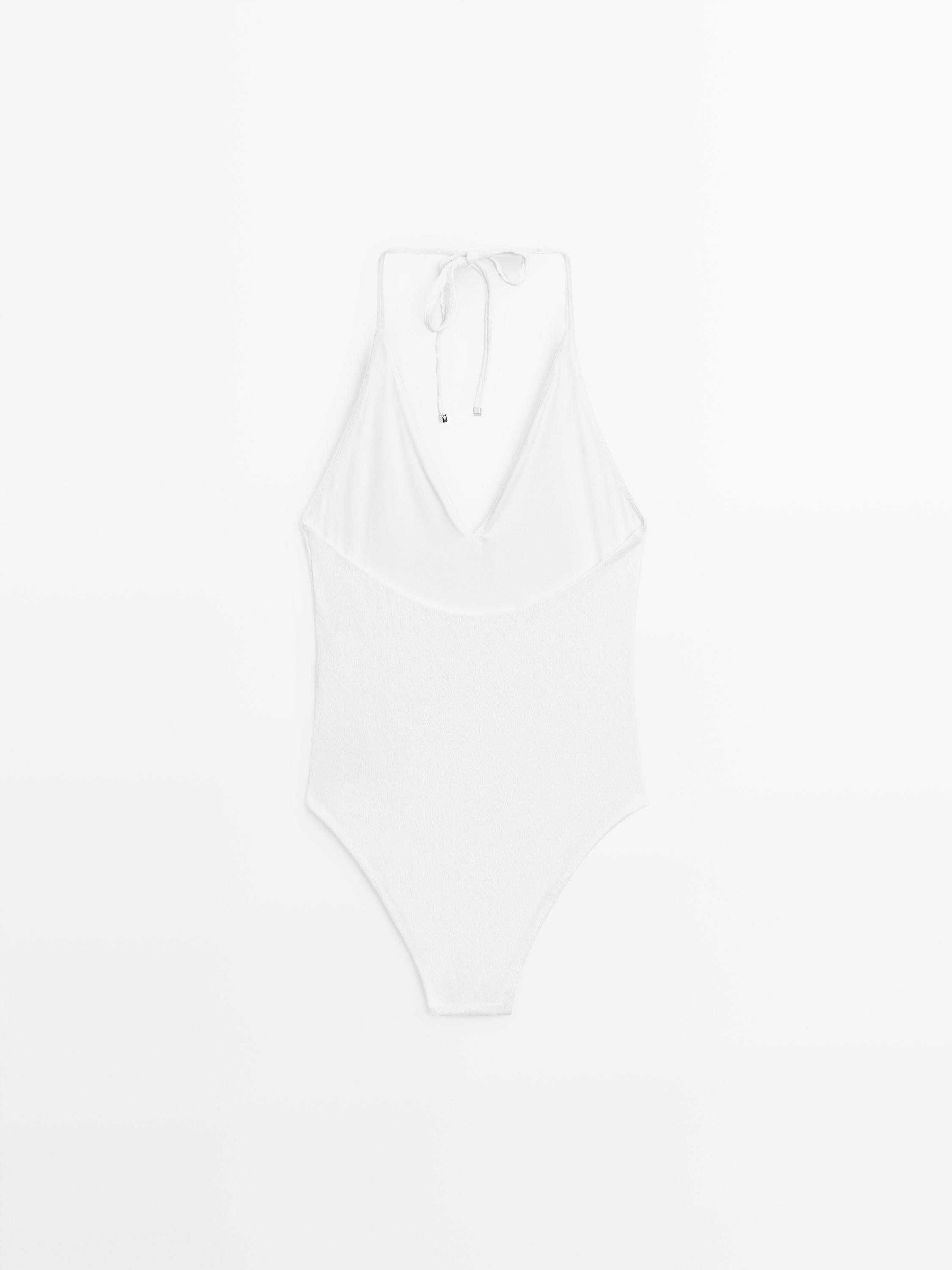 Textured V-neck swimsuit — Off white