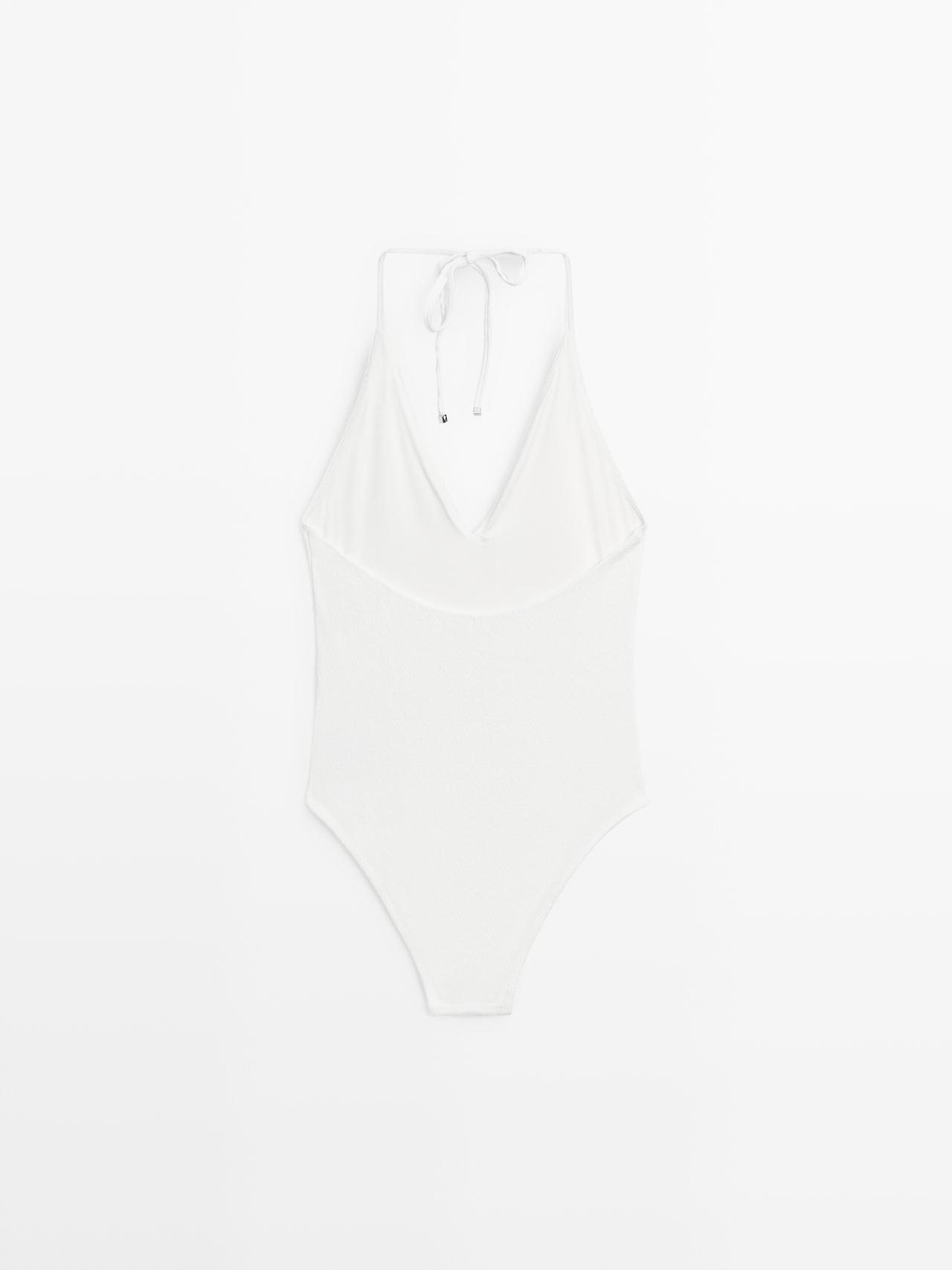 Textured V-neck swimsuit — Off white