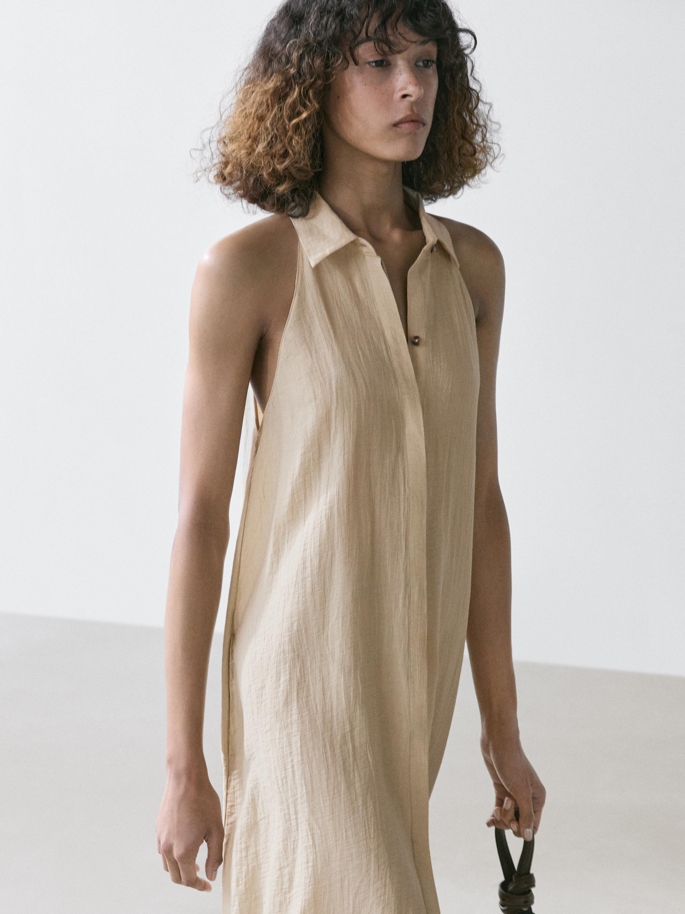Linen blend polo collar midi dress — CREAM