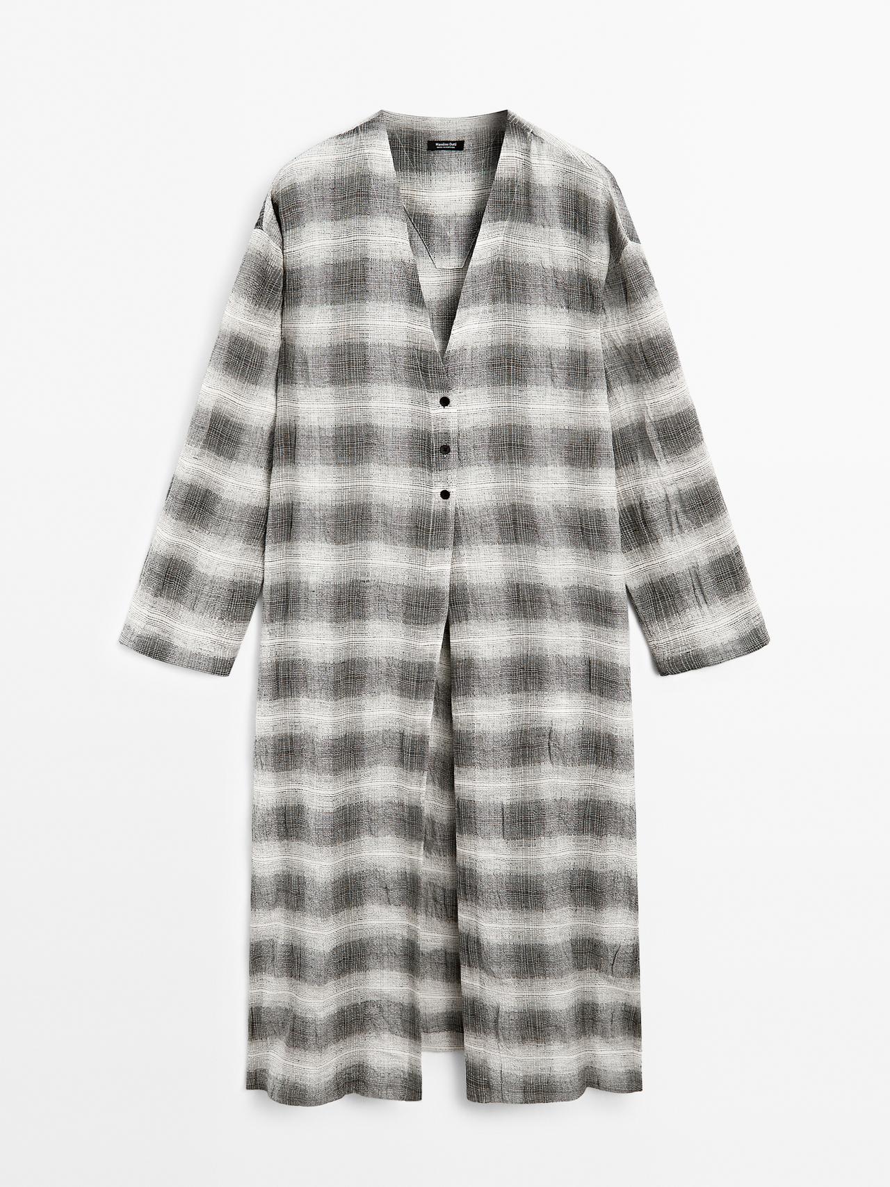 Massimo Dutti - Dames - Lange Tuniekjurk Met Dambordruit - Grijs - Xs-S
