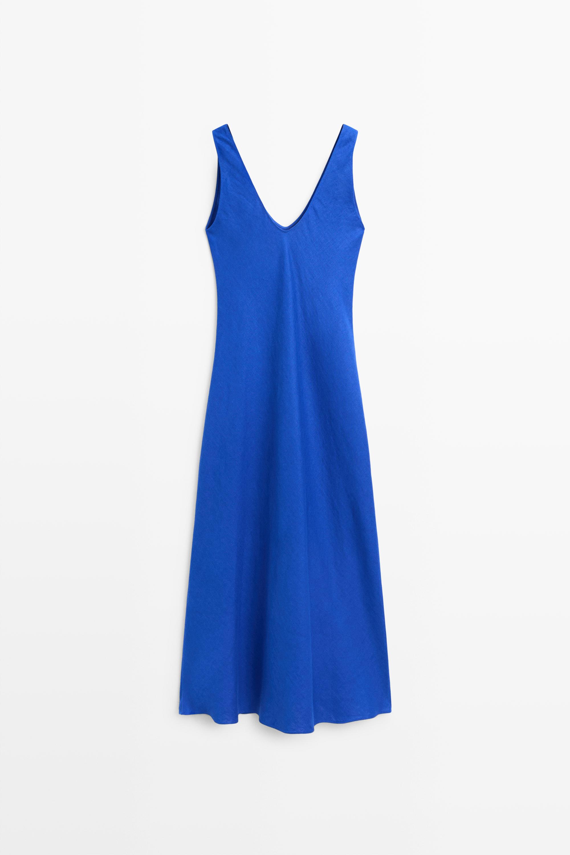 100% linen strap midi dress — Electric blue