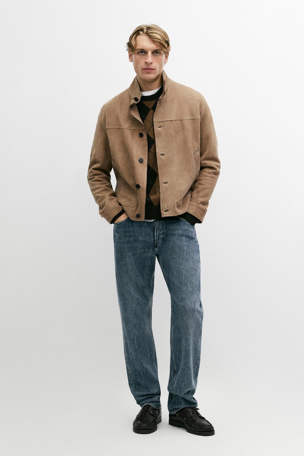 Nubuck leather jacket with stand-up collar