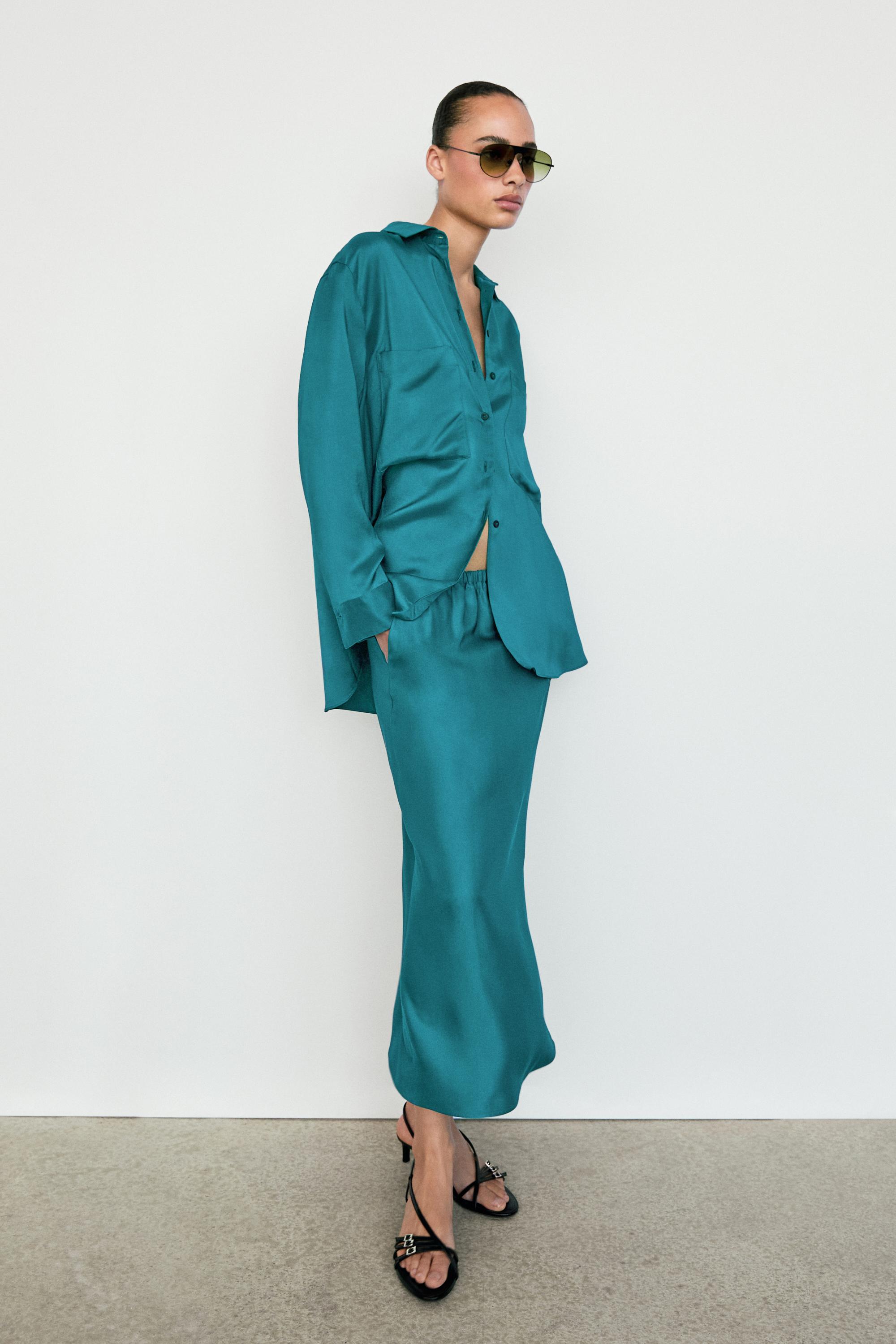 Satin midi skirt with pockets — BLUE