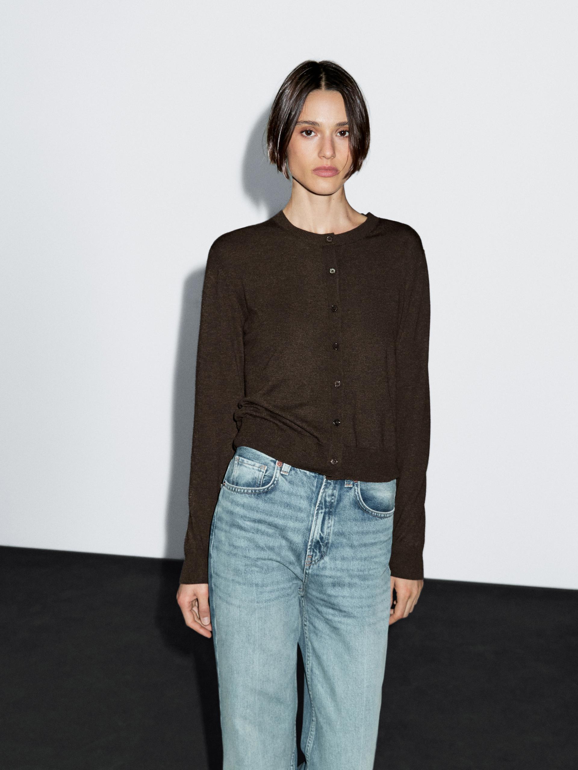 Cárdigan Punto Cuello Redondo Con Lana - Chocolate - L - Massimo Dutti - Mujer