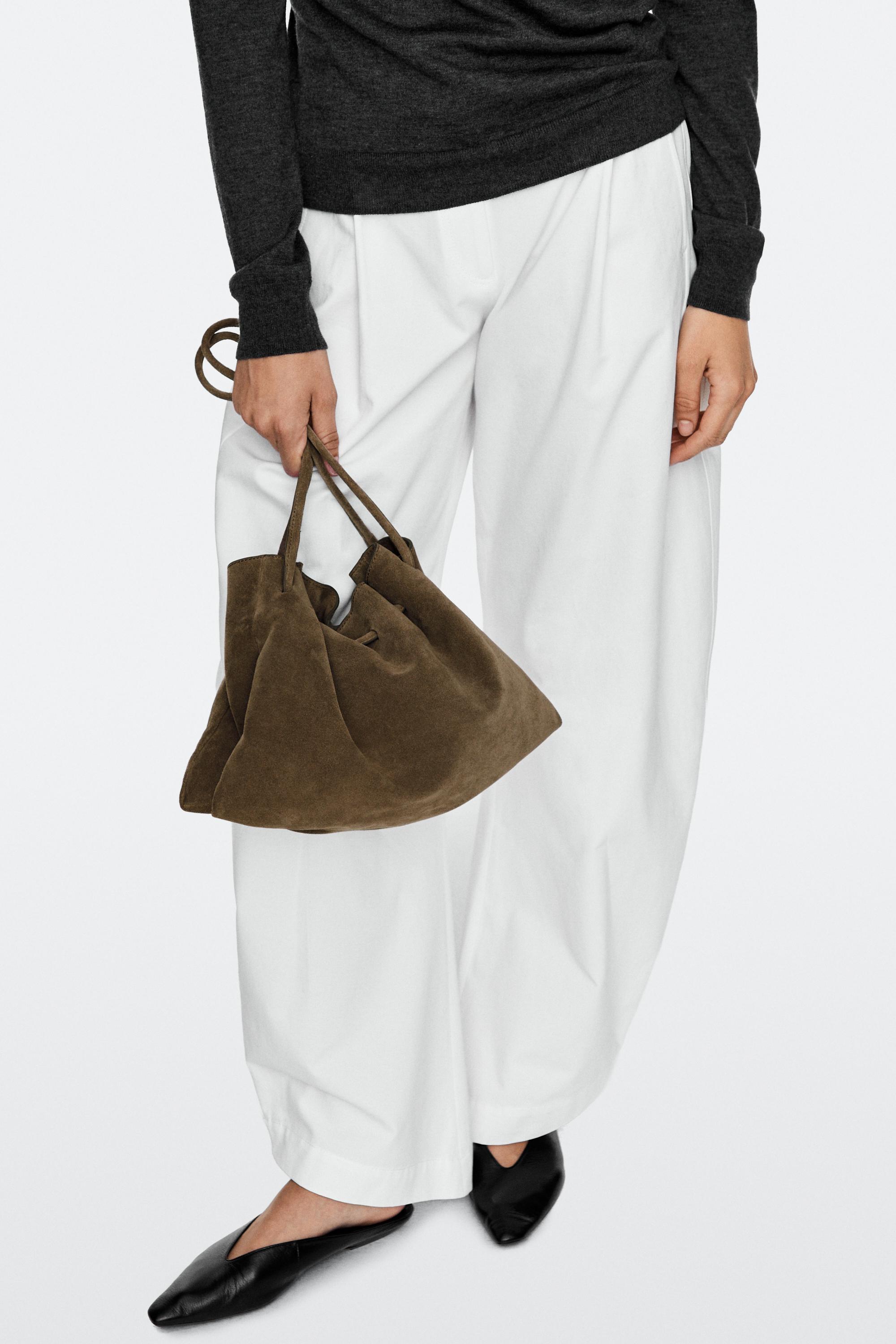 Ruched split suede leather bag — MOLE BROWN