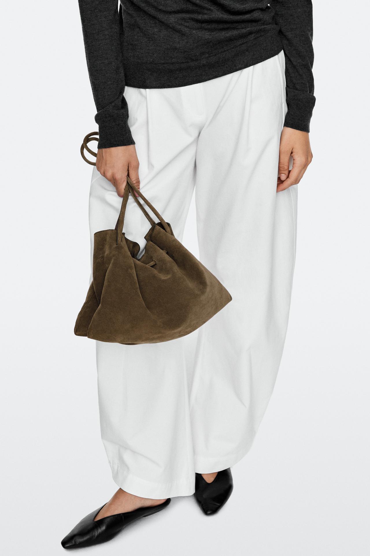 Medium gathered split suede leather bag — MOLE BROWN