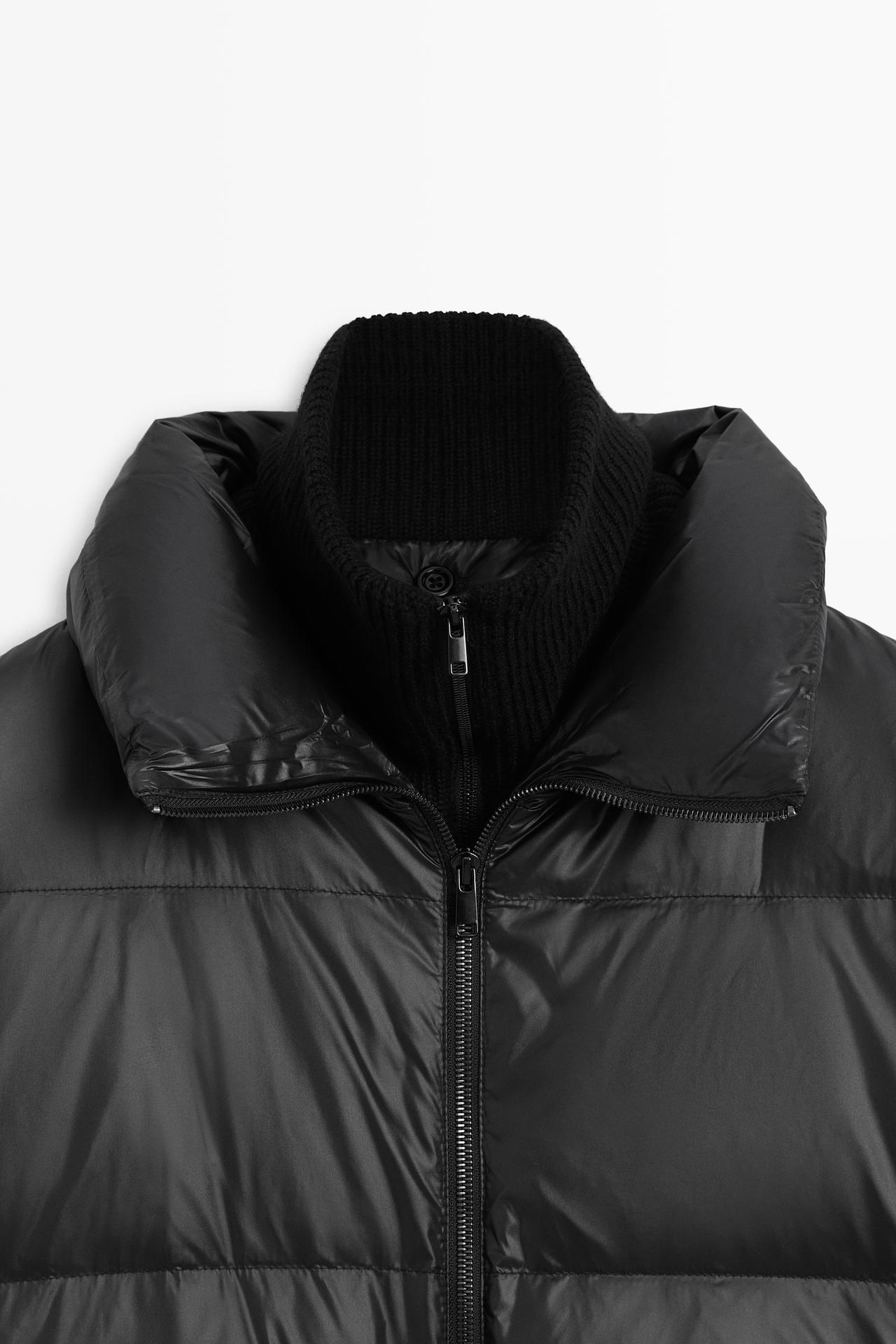 Down jacket with detachable knit bib detail — BLACK