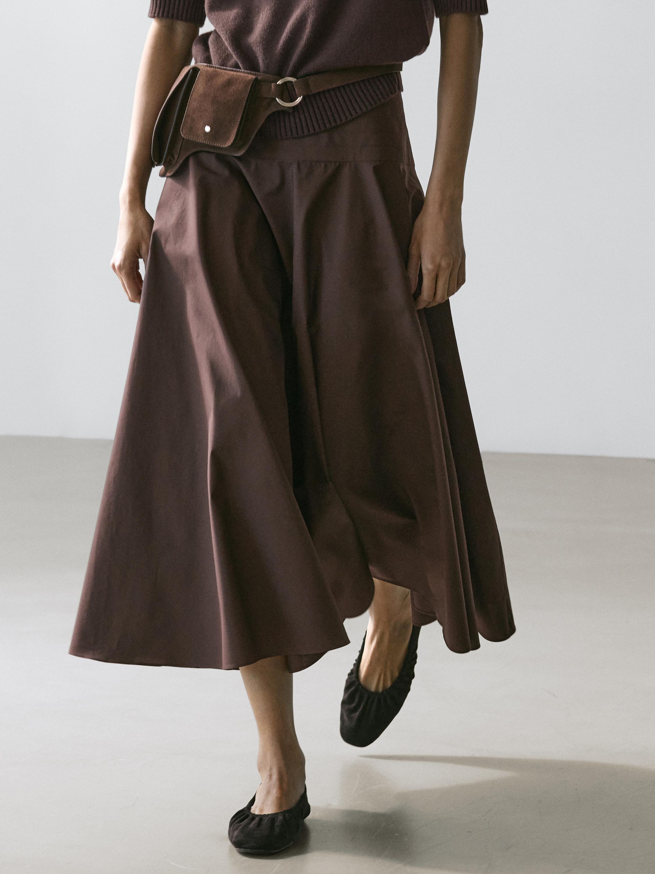 Midi skirt with sash belt and seam details — BROWN
