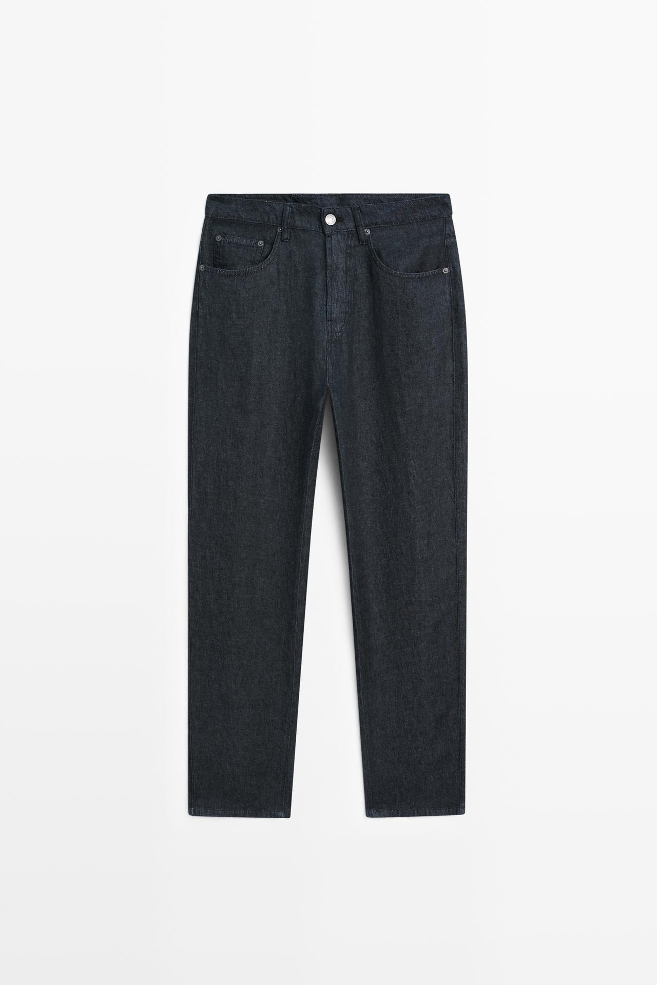 Straight-leg linen denim-effect pants — NAVY BLUE