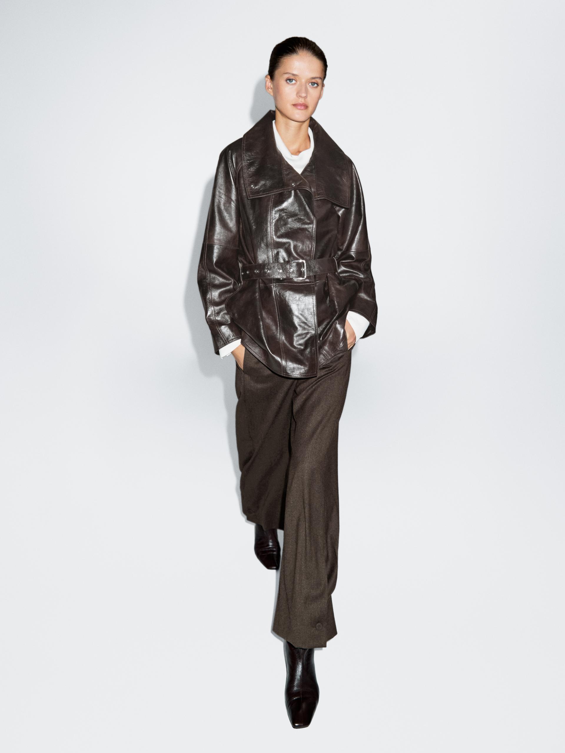 Veste Ceinture En Cuir Nappa - Marron - Xs - Massimo Dutti - Femme